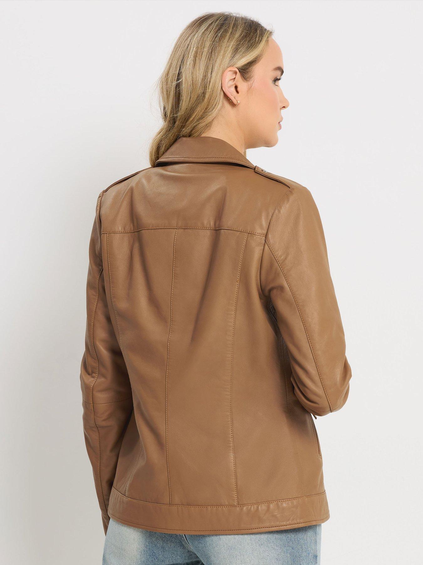 Image 2 of 4 of Long Tall Sally Premium Leather Biker Jacket - Brown