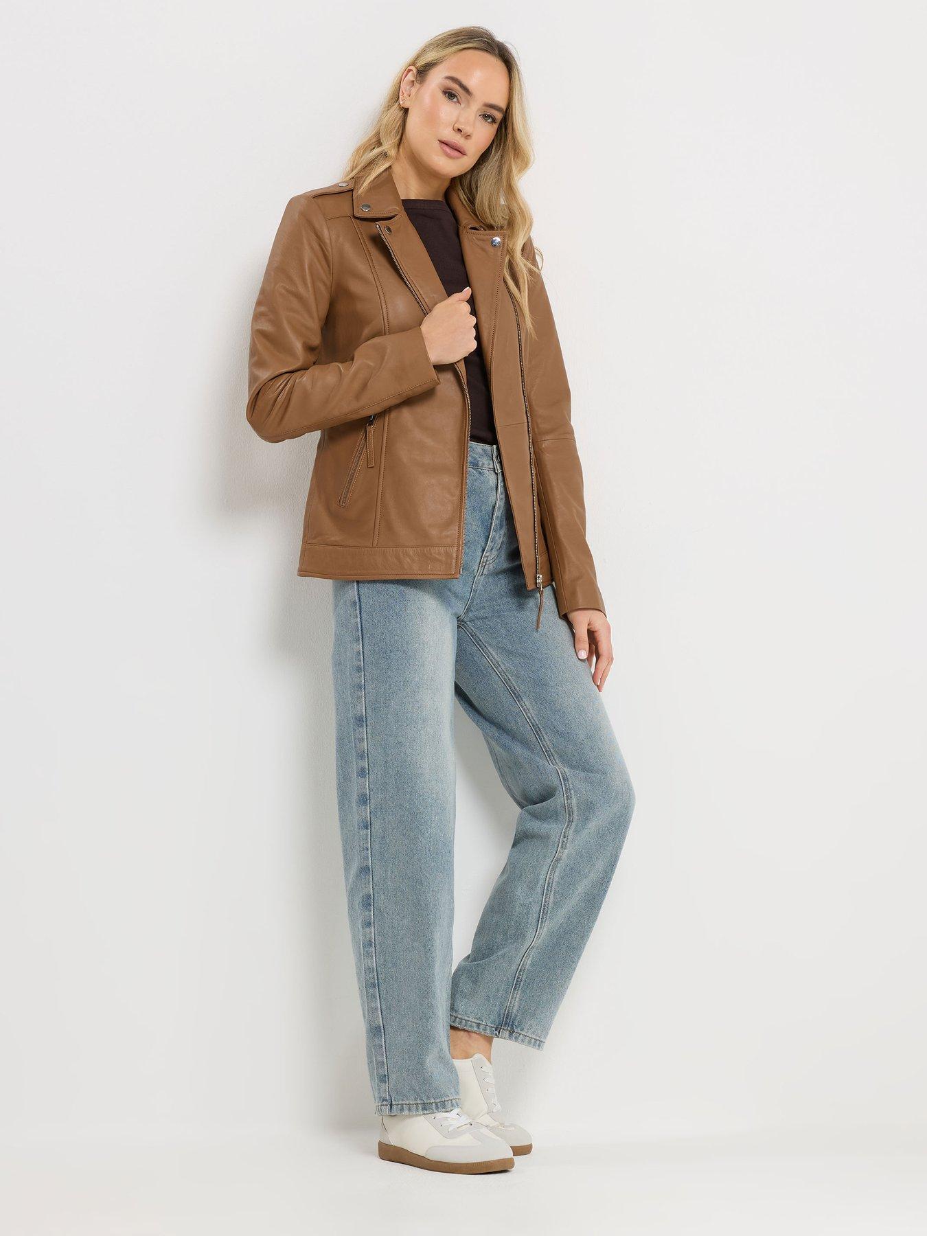 Image 3 of 4 of Long Tall Sally Premium Leather Biker Jacket - Brown