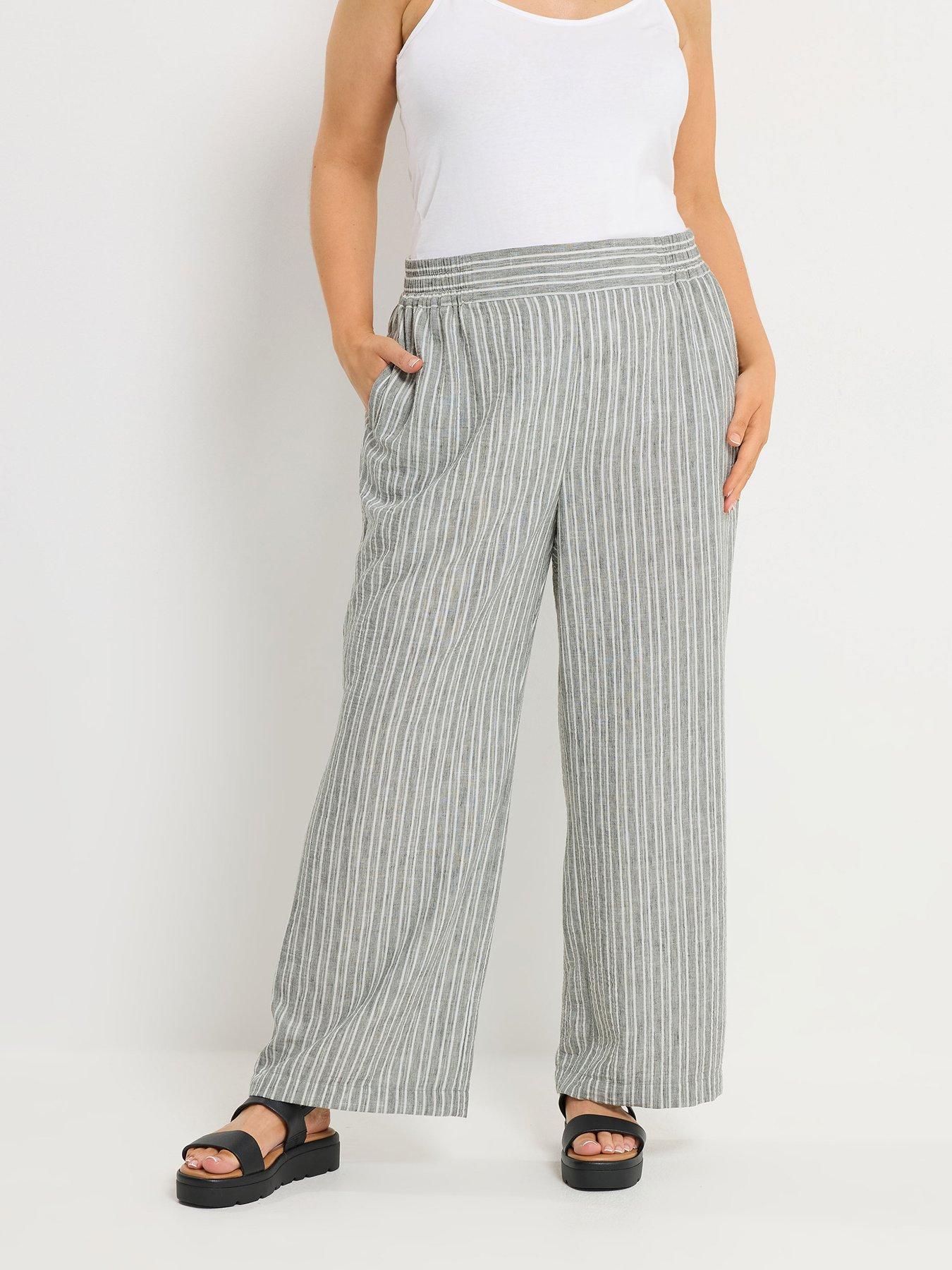 Yours Curve Linen Look Pull On Striped Wide Leg Trousers 28" - Grey