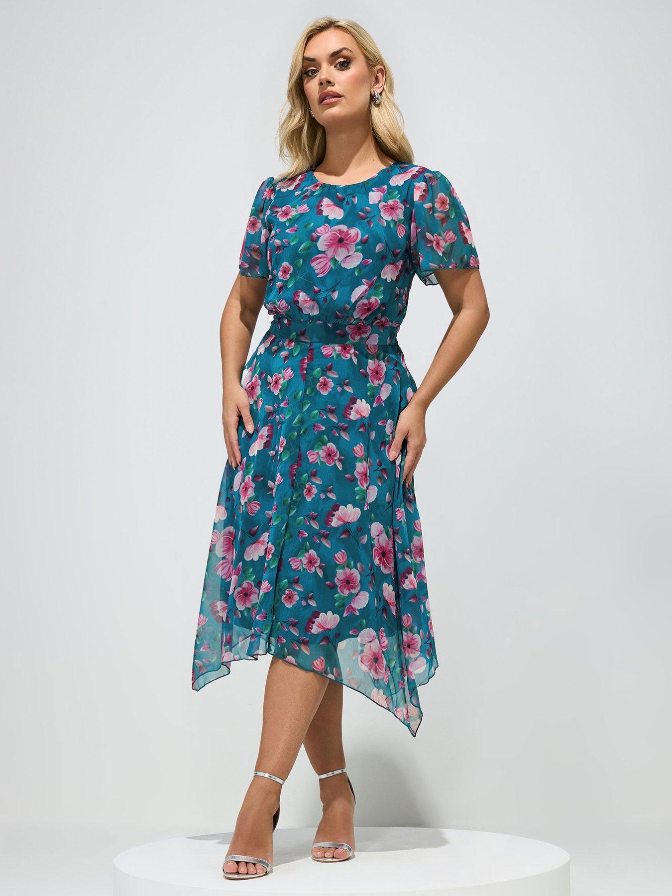 Yours Curve Floral Ruffle Sleeve Hank Hem Dress