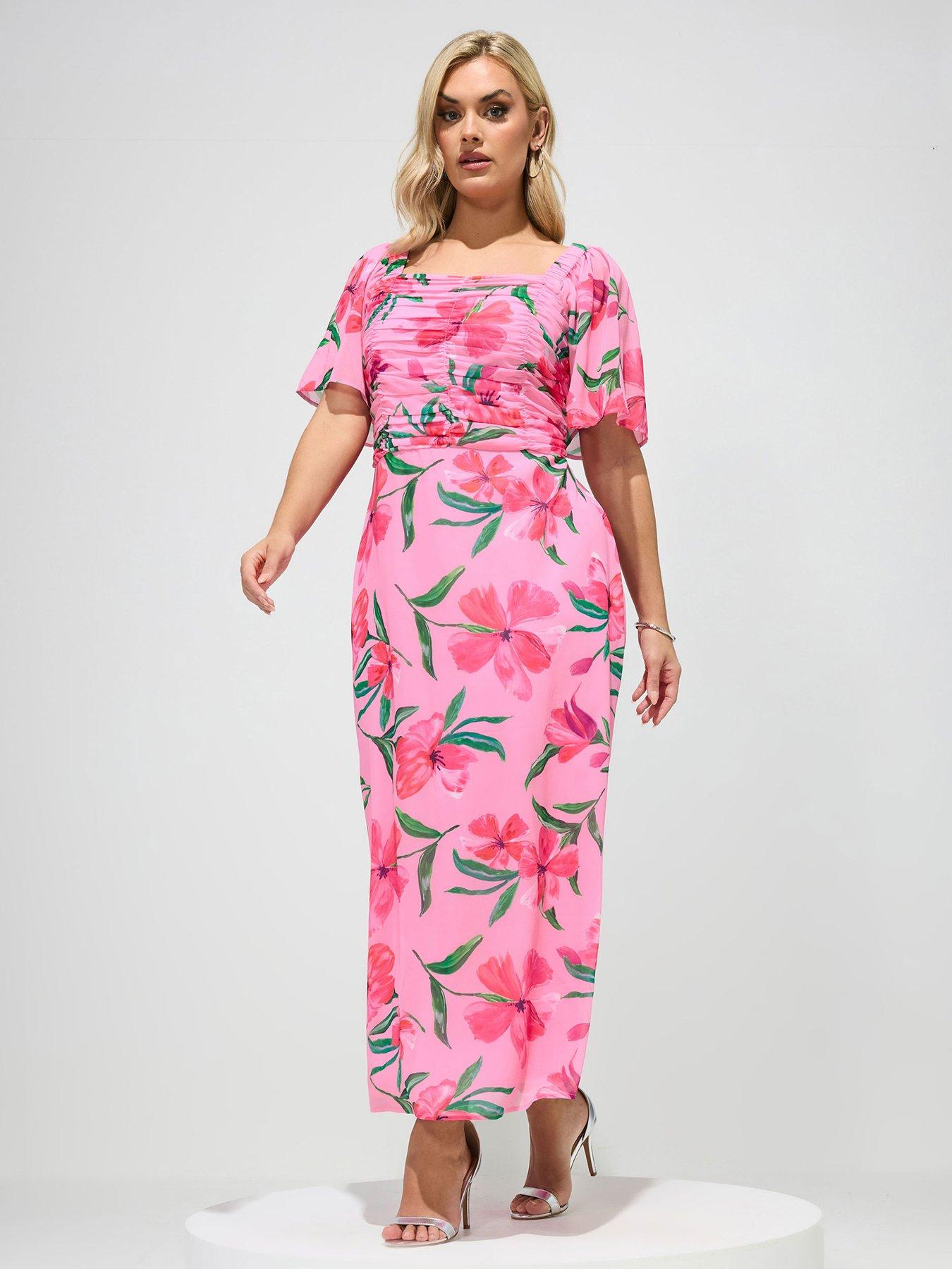 Yours Curve Floral Gather Square Neck Dress - Pink