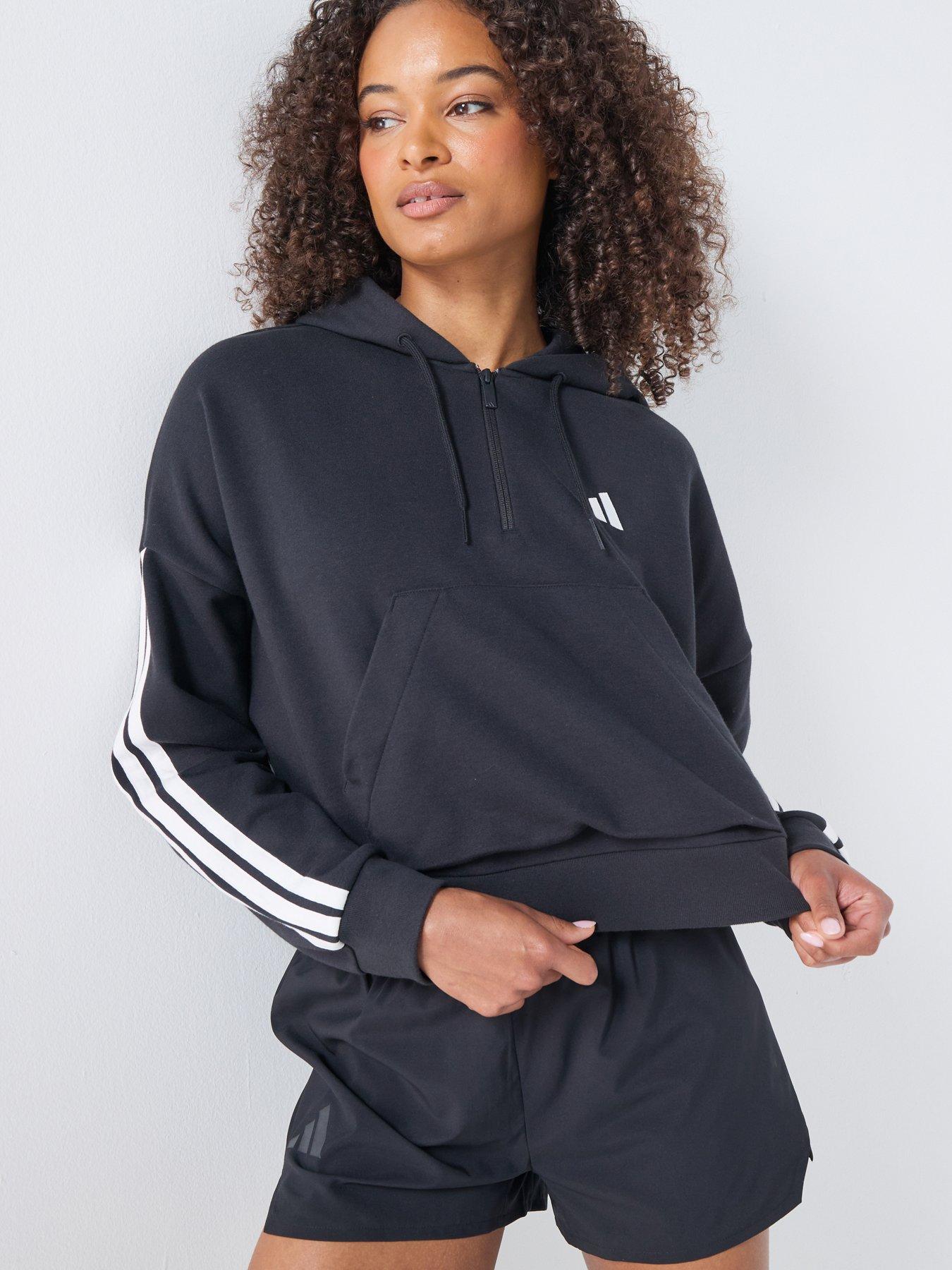Adidas Sportswear Women'S Essentials 3-Stripes French Terry Quarter-Zip Hoodie - Black