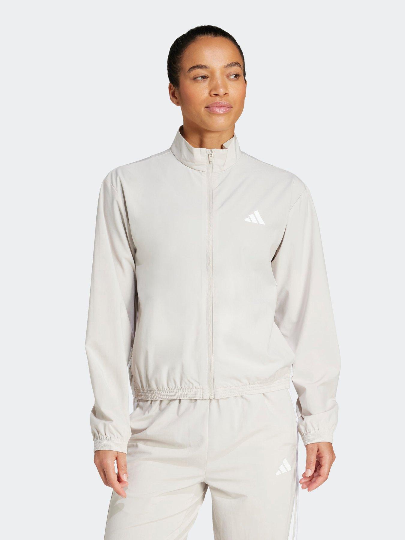 Adidas Womens Training 3 Stripe Woven Warm Up Jacket - Beige