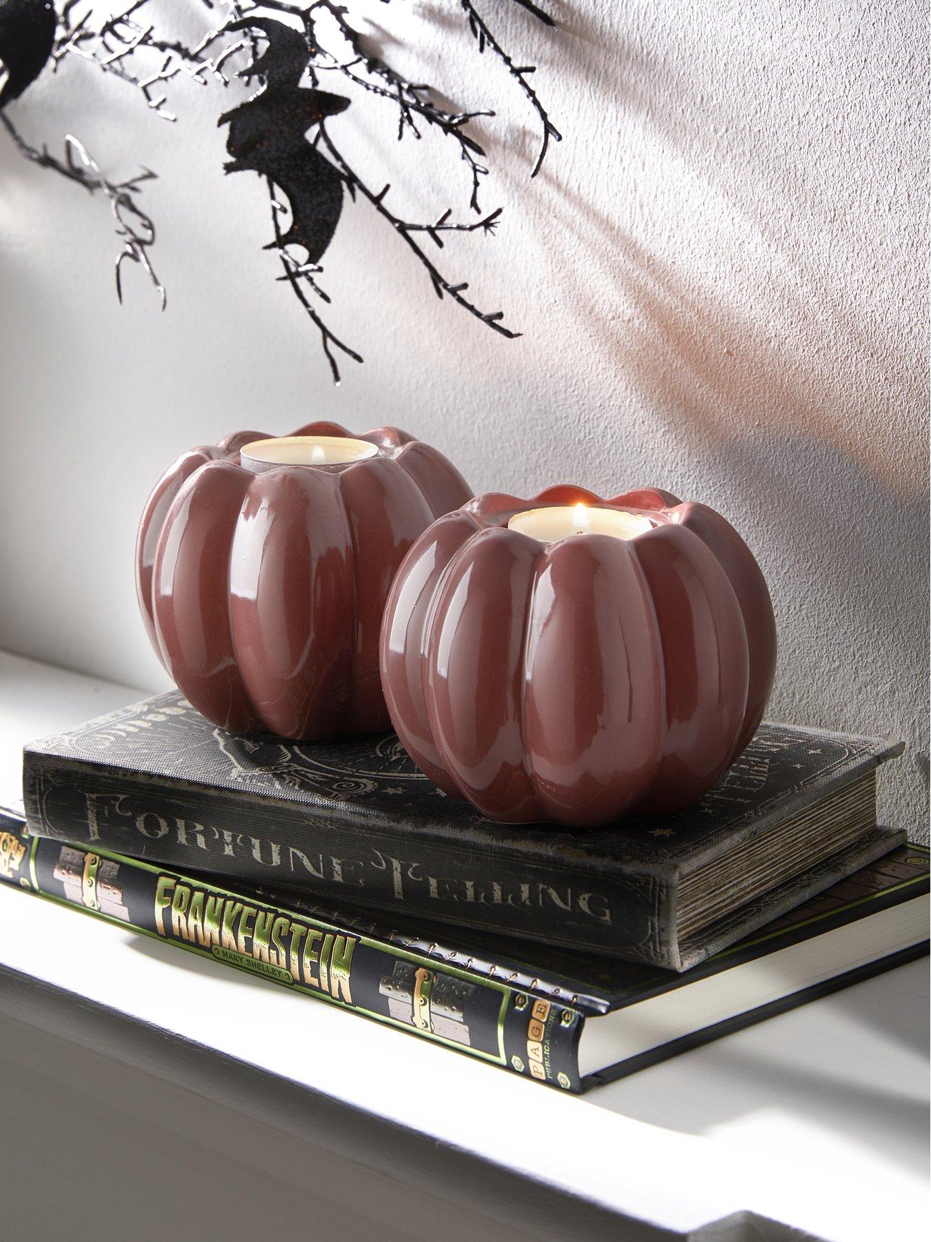 Image 1 of 5 of The Very Collection Set Of 2 Pumpkin Ceramic Tealight Candle Holders Red