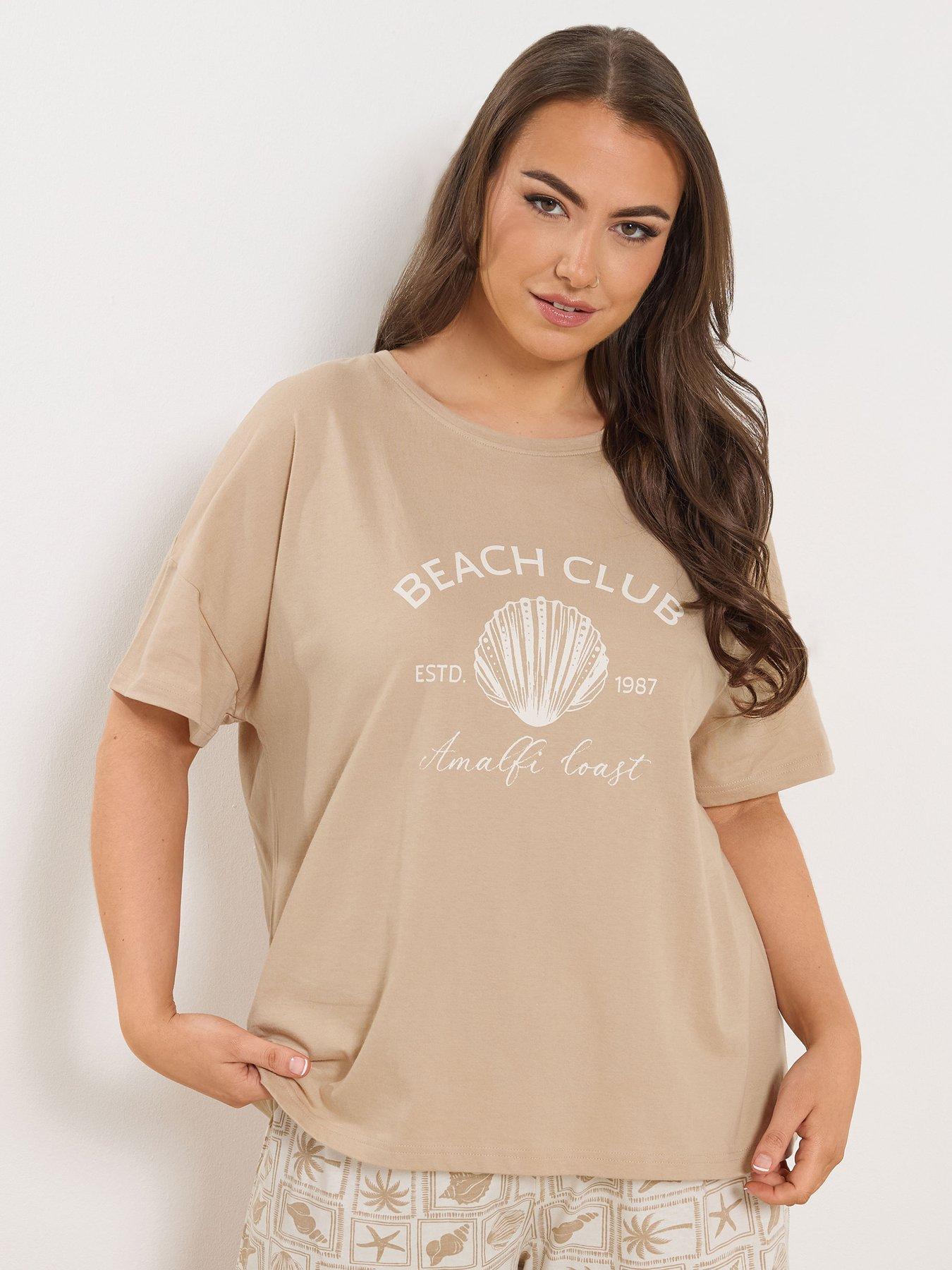 Image 1 of 5 of Yours Curve Beach Club Short Sleeve Pyjama Set - Brown