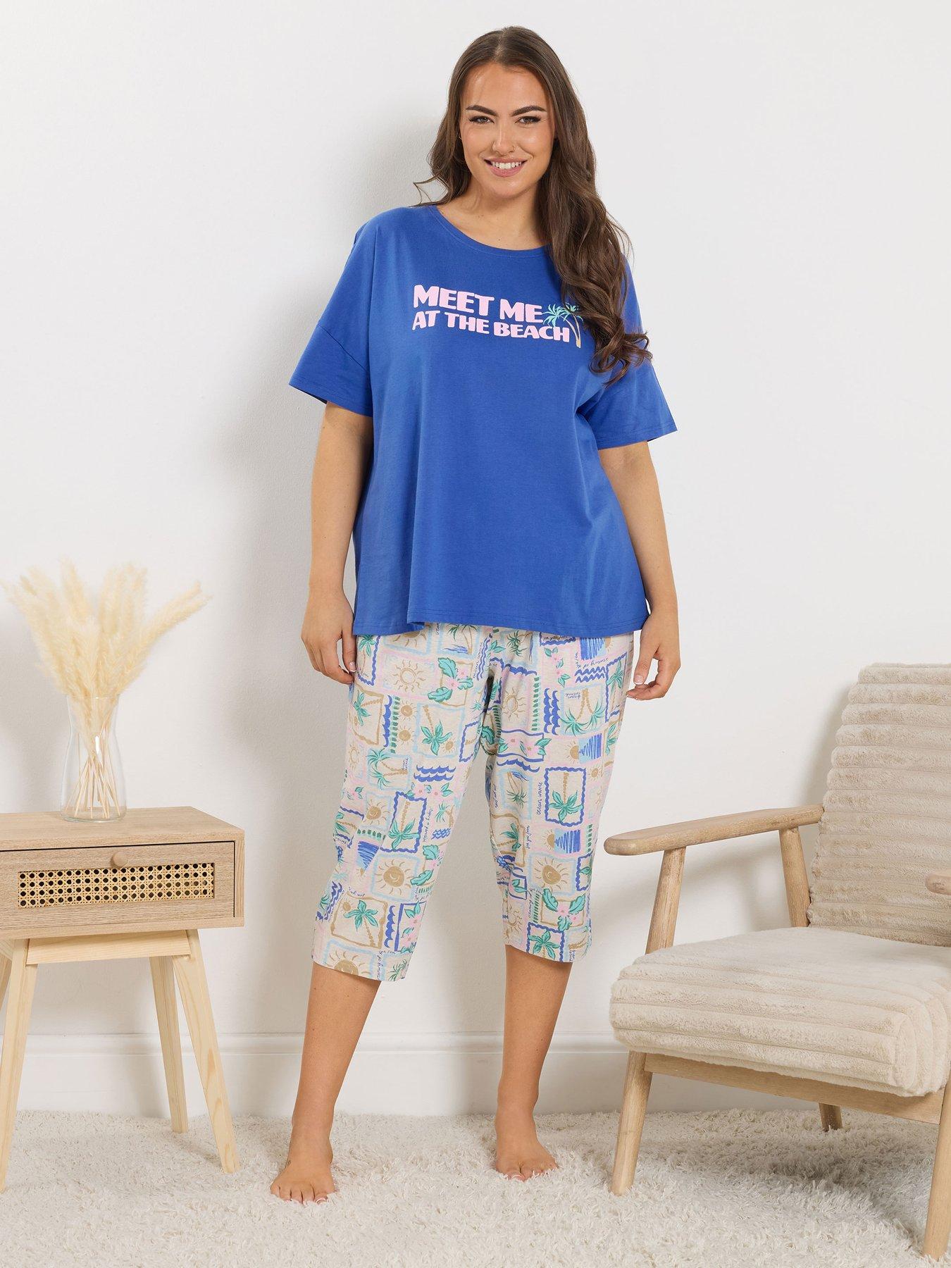 Image 3 of 5 of Yours Curve Postcard Print Cropped Pyjama Bottoms - Cream