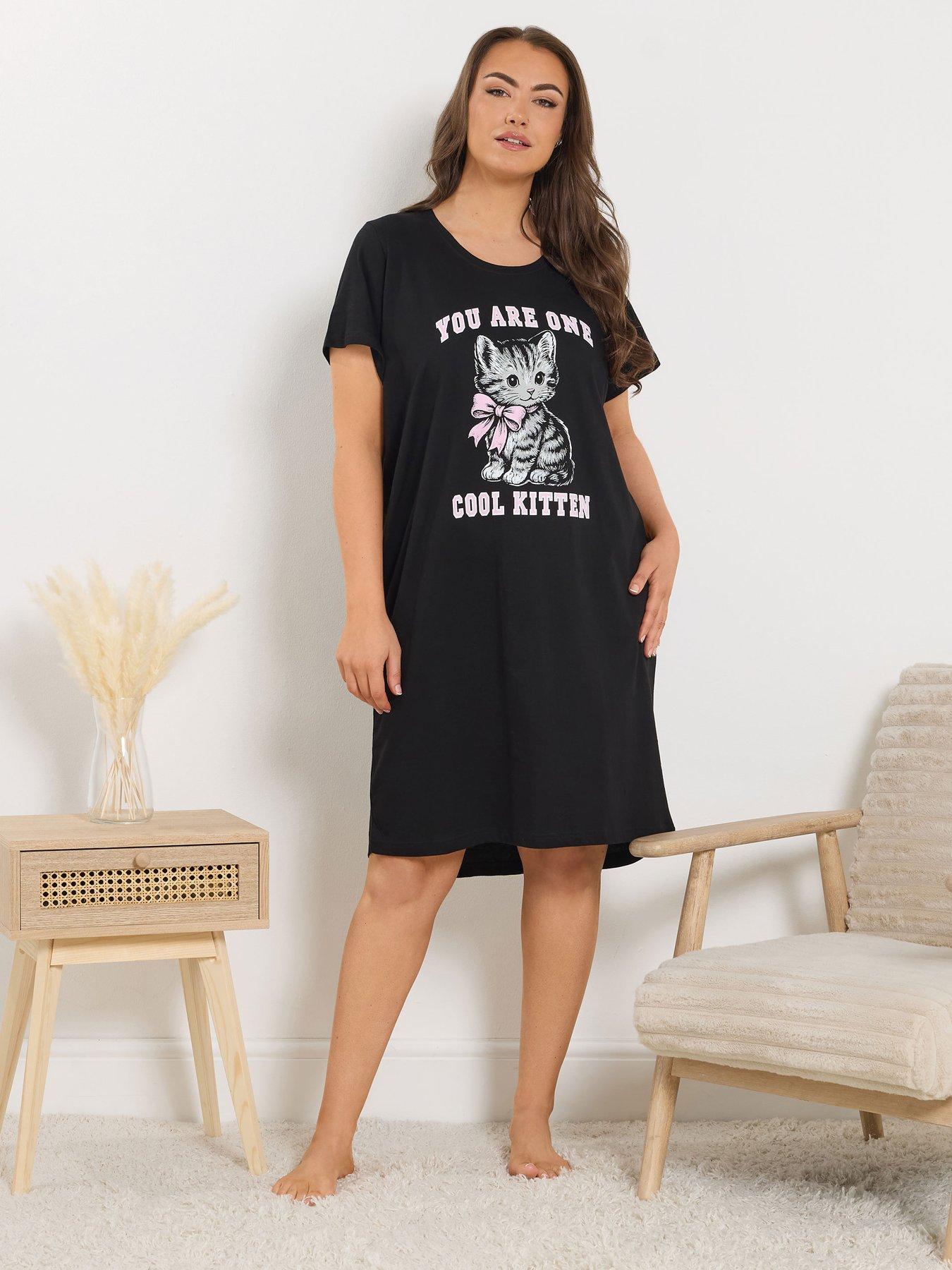Image 3 of 5 of Yours Curve Cool Kitten Dipped Back Nightdress - Black