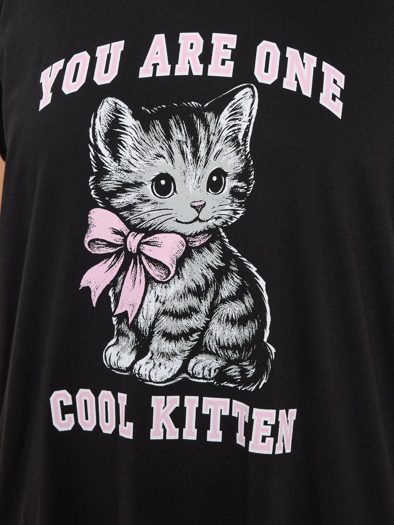 Image 4 of 5 of Yours Curve Cool Kitten Dipped Back Nightdress - Black