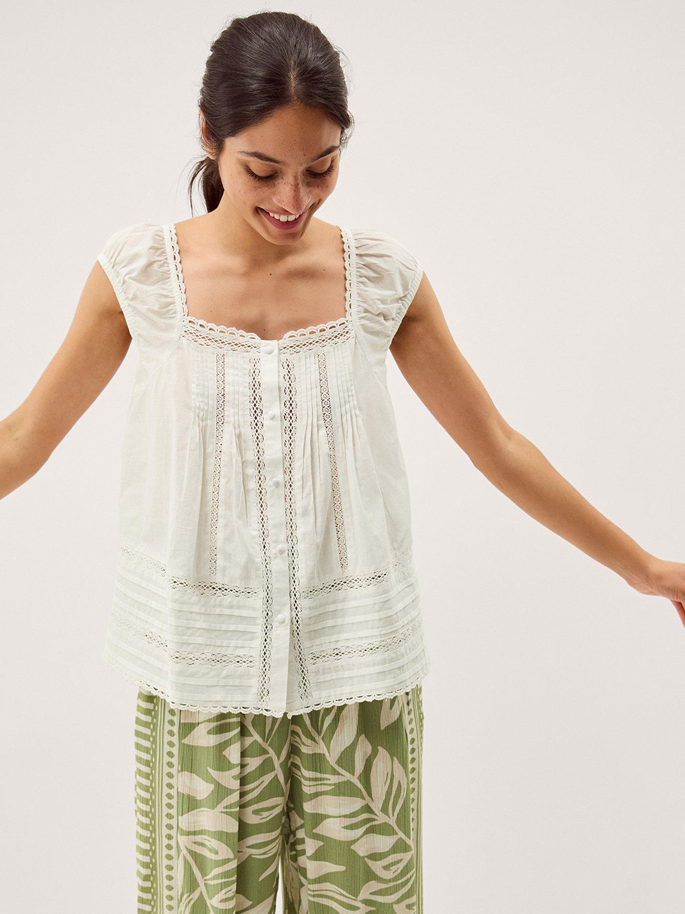 Monsoon Olivia Lace Trim Cotton Top - Cream