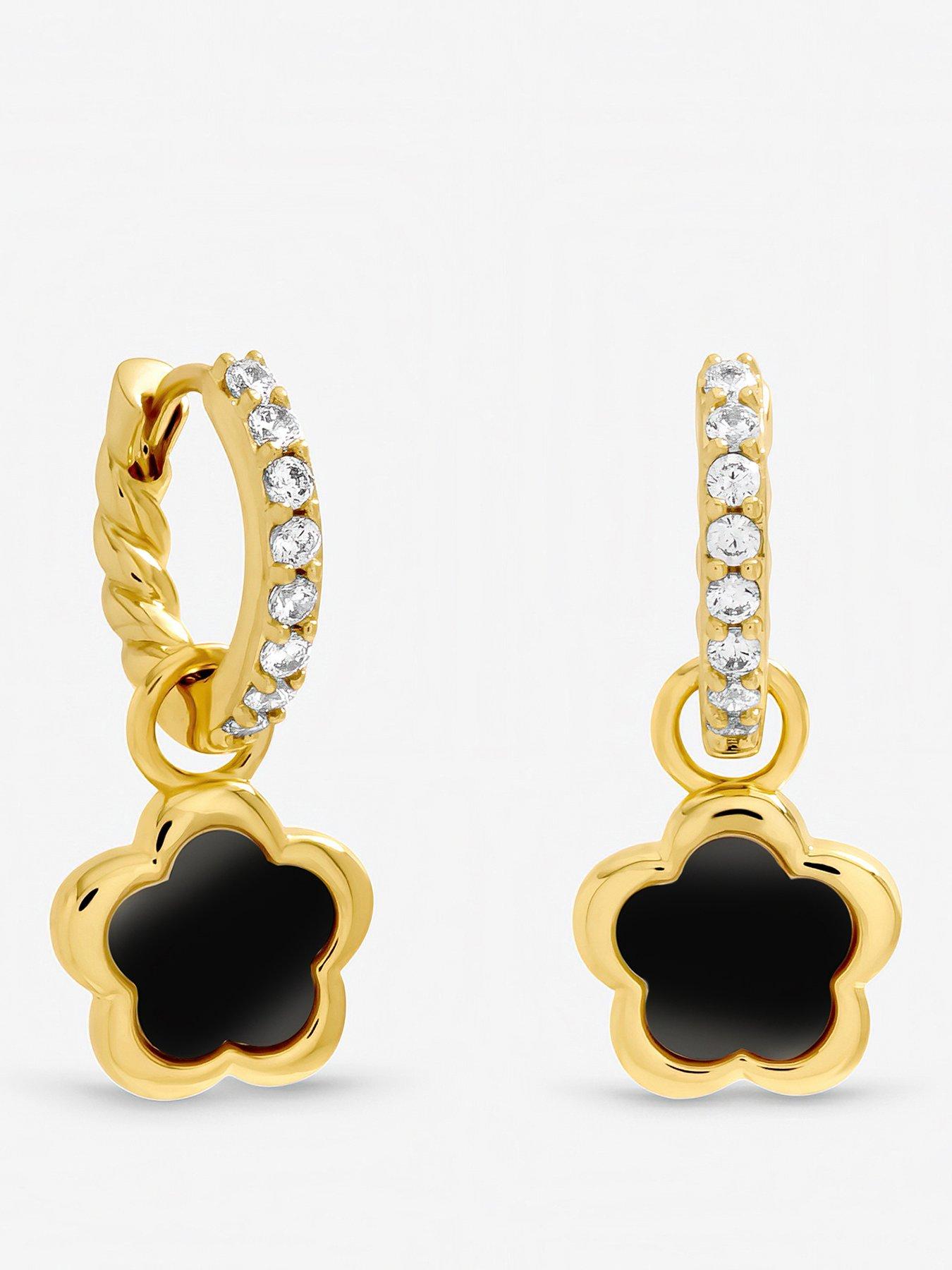 Image 1 of 3 of Inicio Gold Plated and Jet Flower Earrings - Gift Pouch
