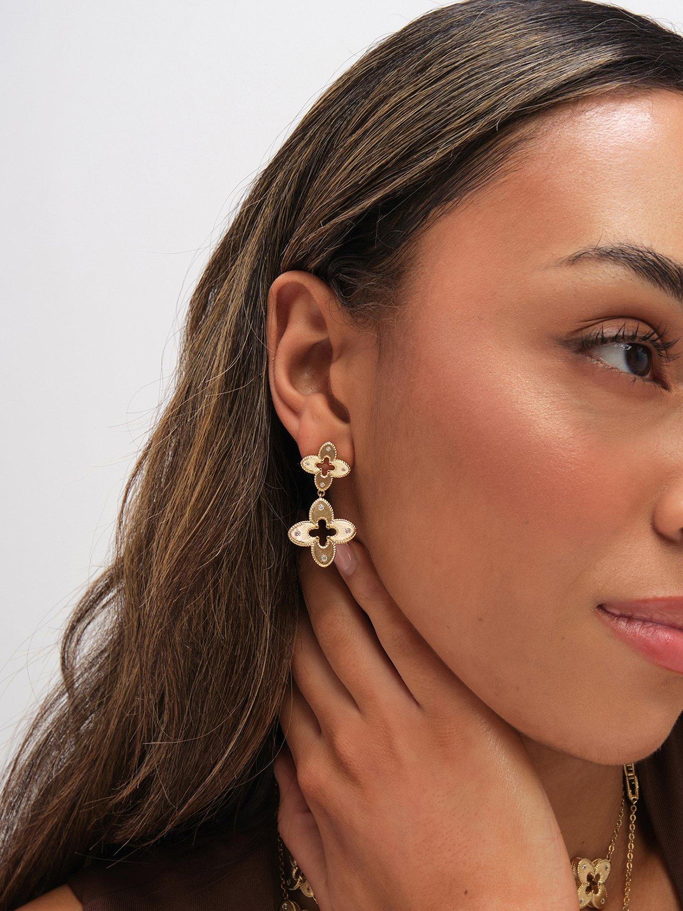 Image 1 of 3 of Jon Richard Gold Plated Textured Crystal Clover Earrings