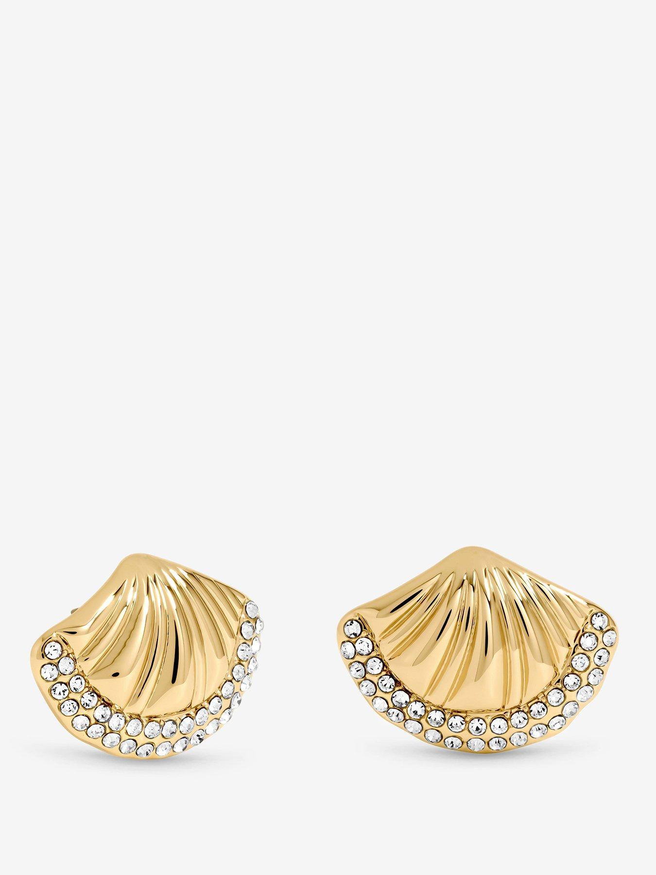 Mood Mood Gold Plated and Pave Shell Stud Earrings