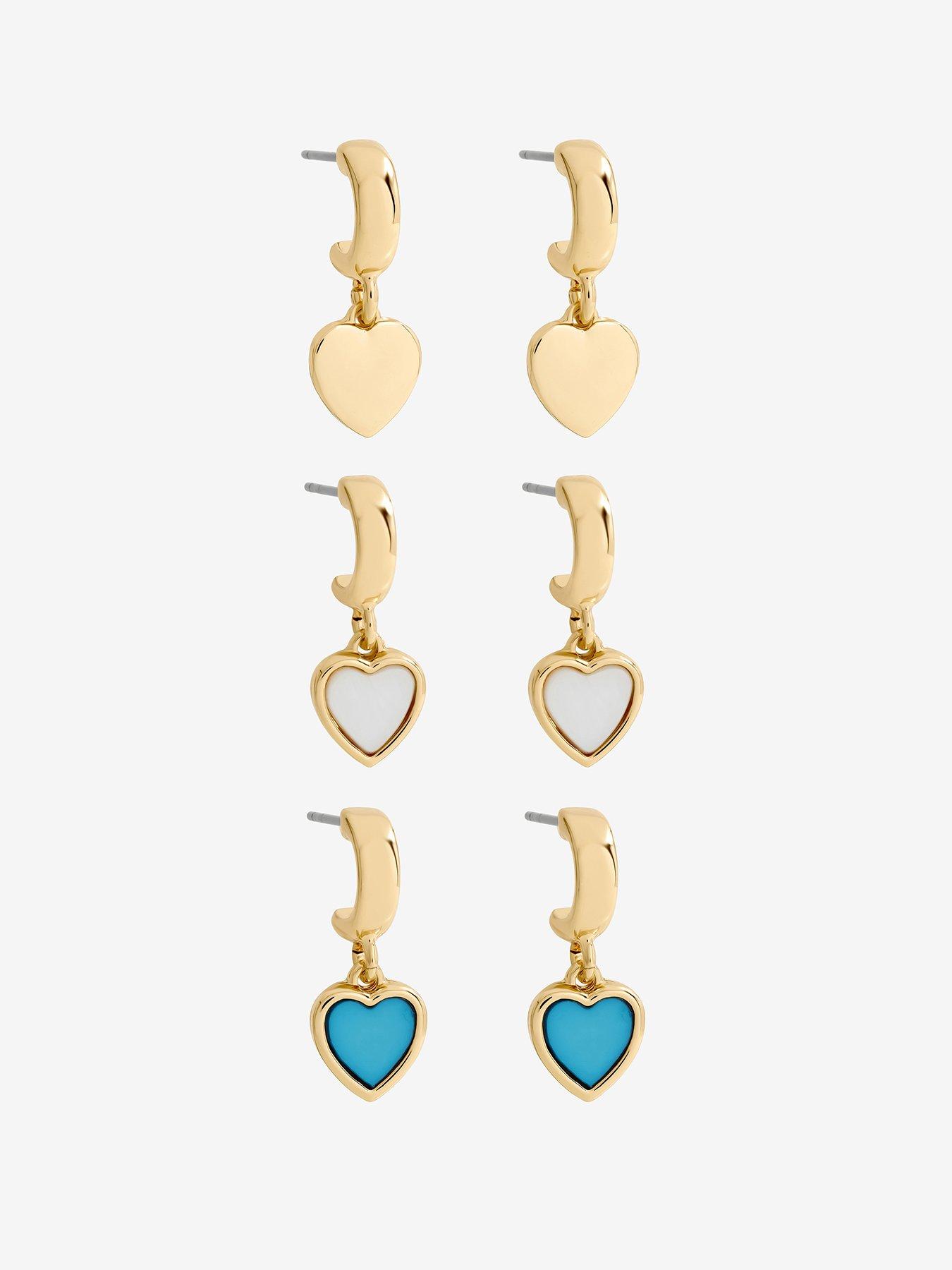 Mood Mood Gold Plated Blue Enamel and Mother of Pearl Heart Earrings - Pack of 3