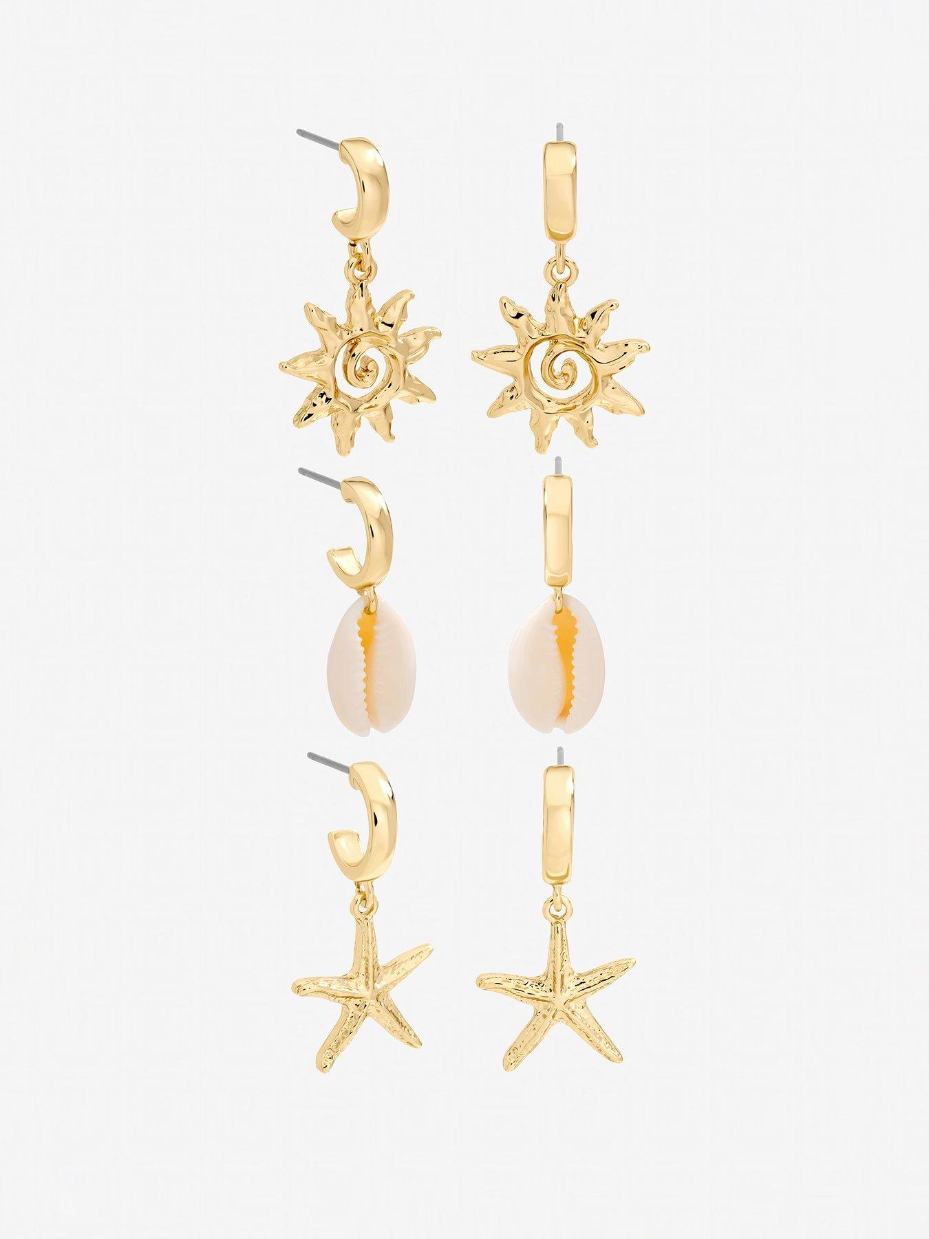 Image 1 of 4 of Mood Gold Plated Real Shell Charm Earrings - Pack of 3