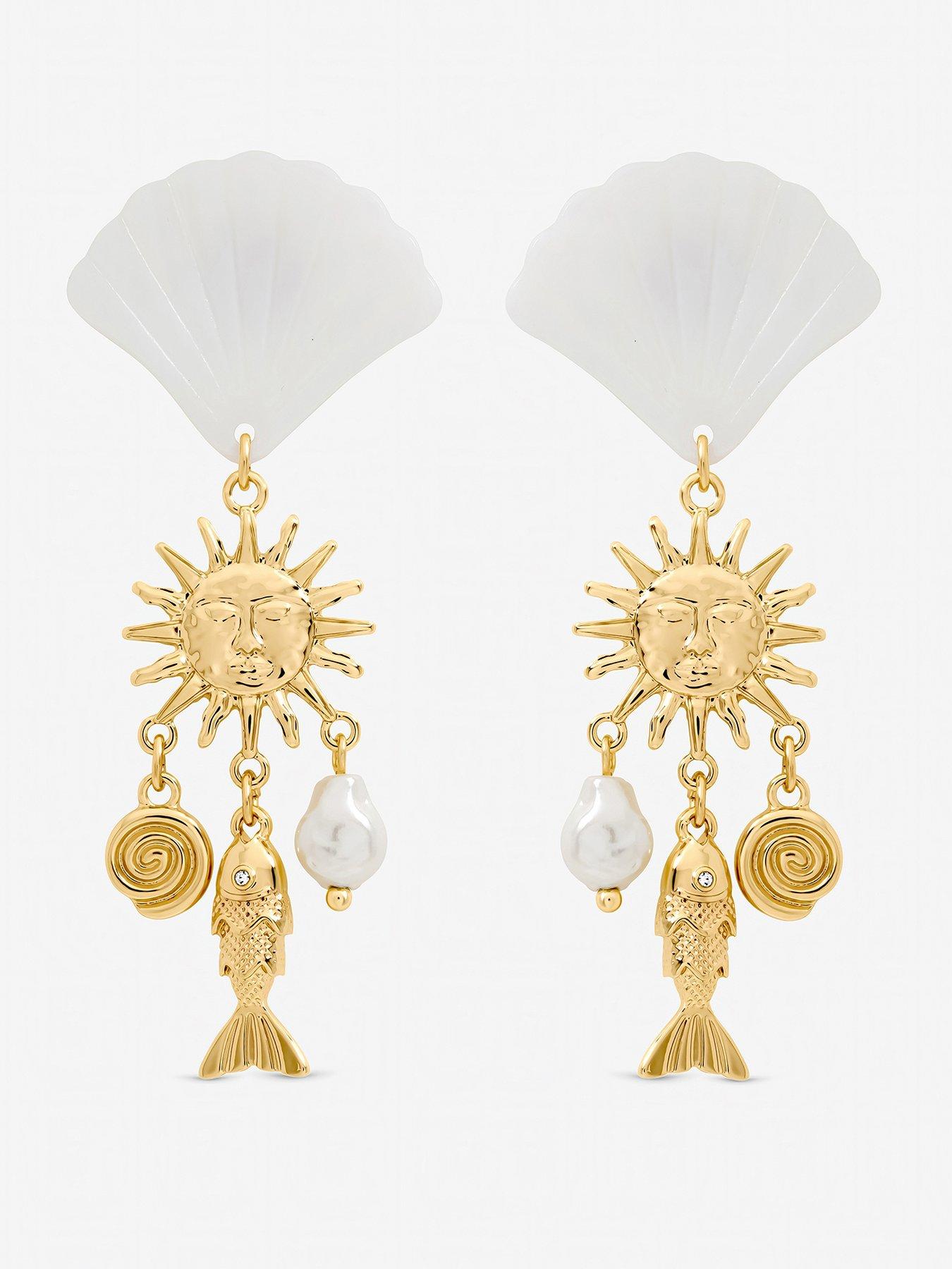 Image 1 of 3 of Mood Mood Gold Plated Statement Shell Drop Earrings