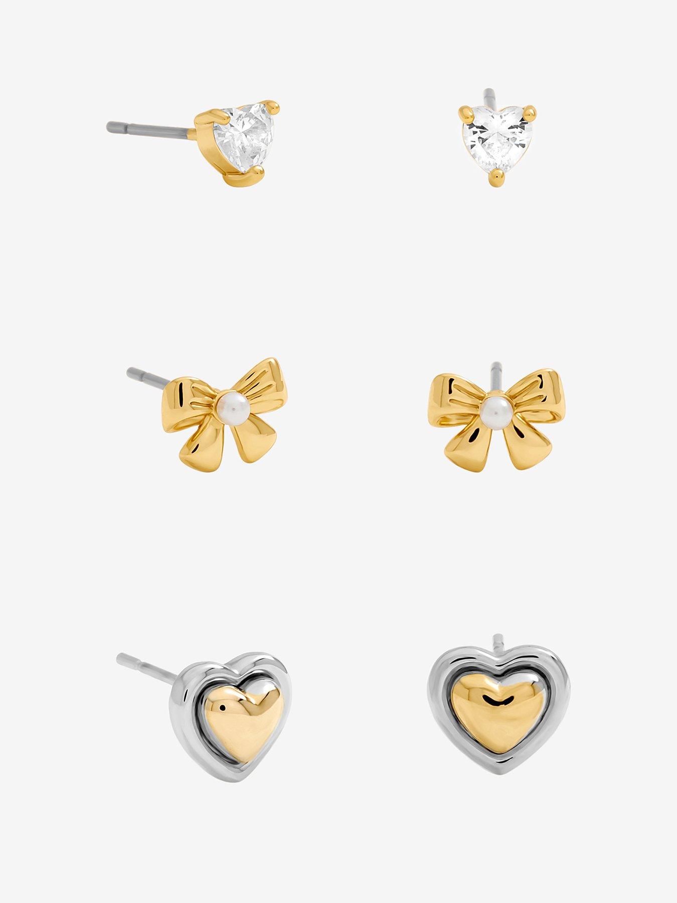 Inicio Gold Plated Heart and Bow Earrings - Pack of 3 - Gift Pouch
