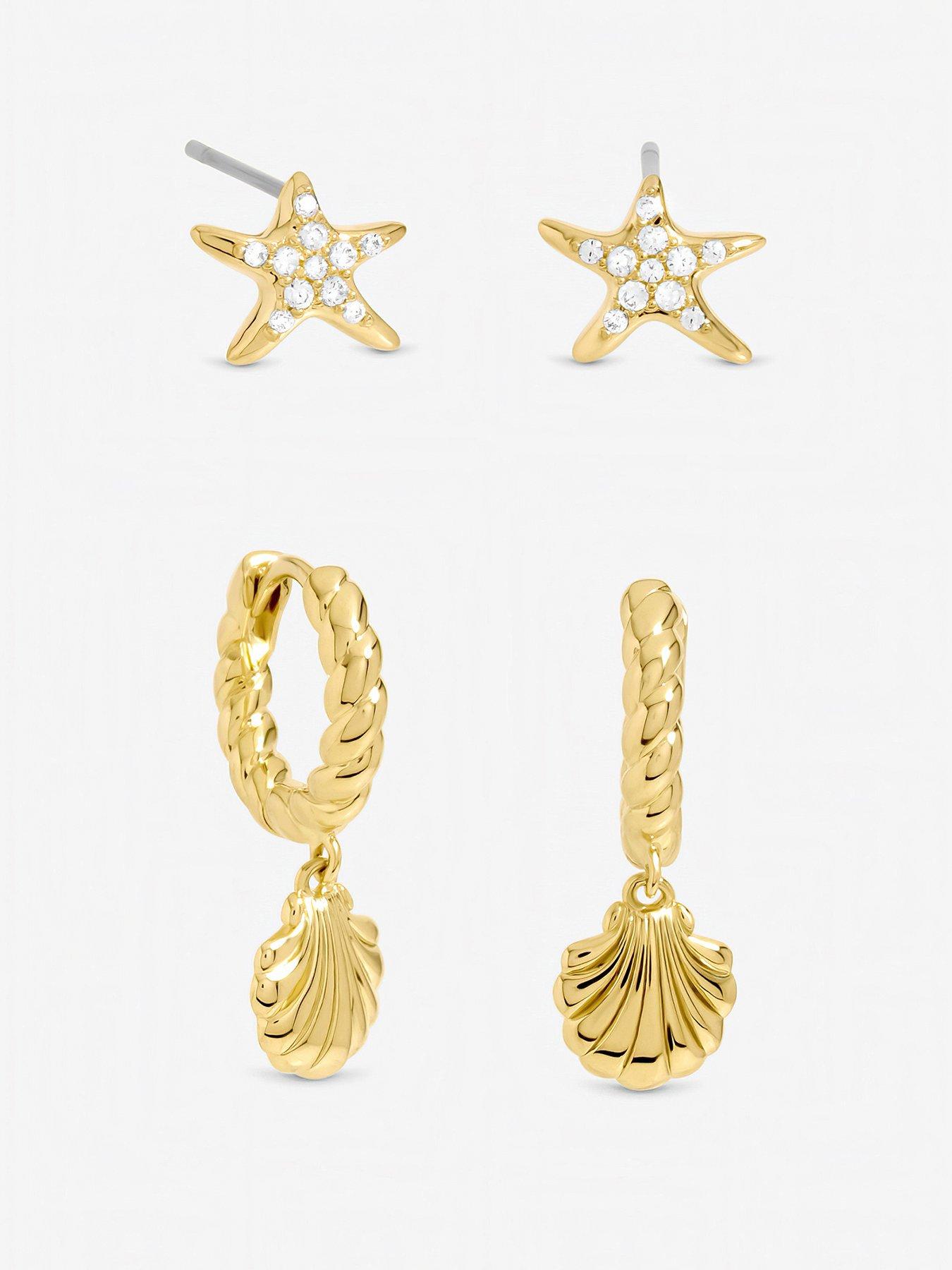 Image 1 of 4 of Inicio Gold Plated Shell Hoop Earrings - Pack Of 2 - Gift Pouch