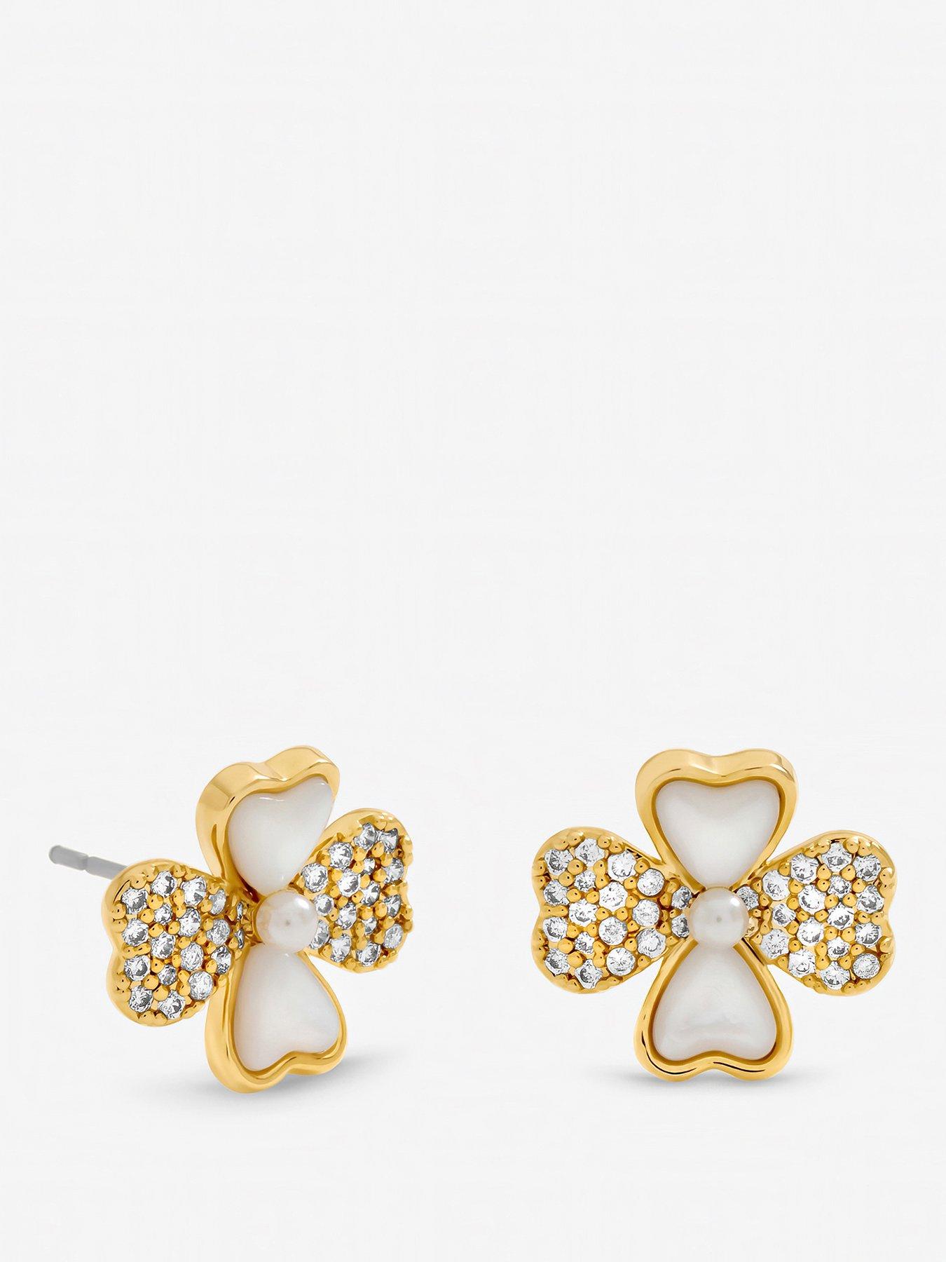 Inicio Gold Plated Mother of Pearl and Pave Clover Stud Earrings - Gift Pouch
