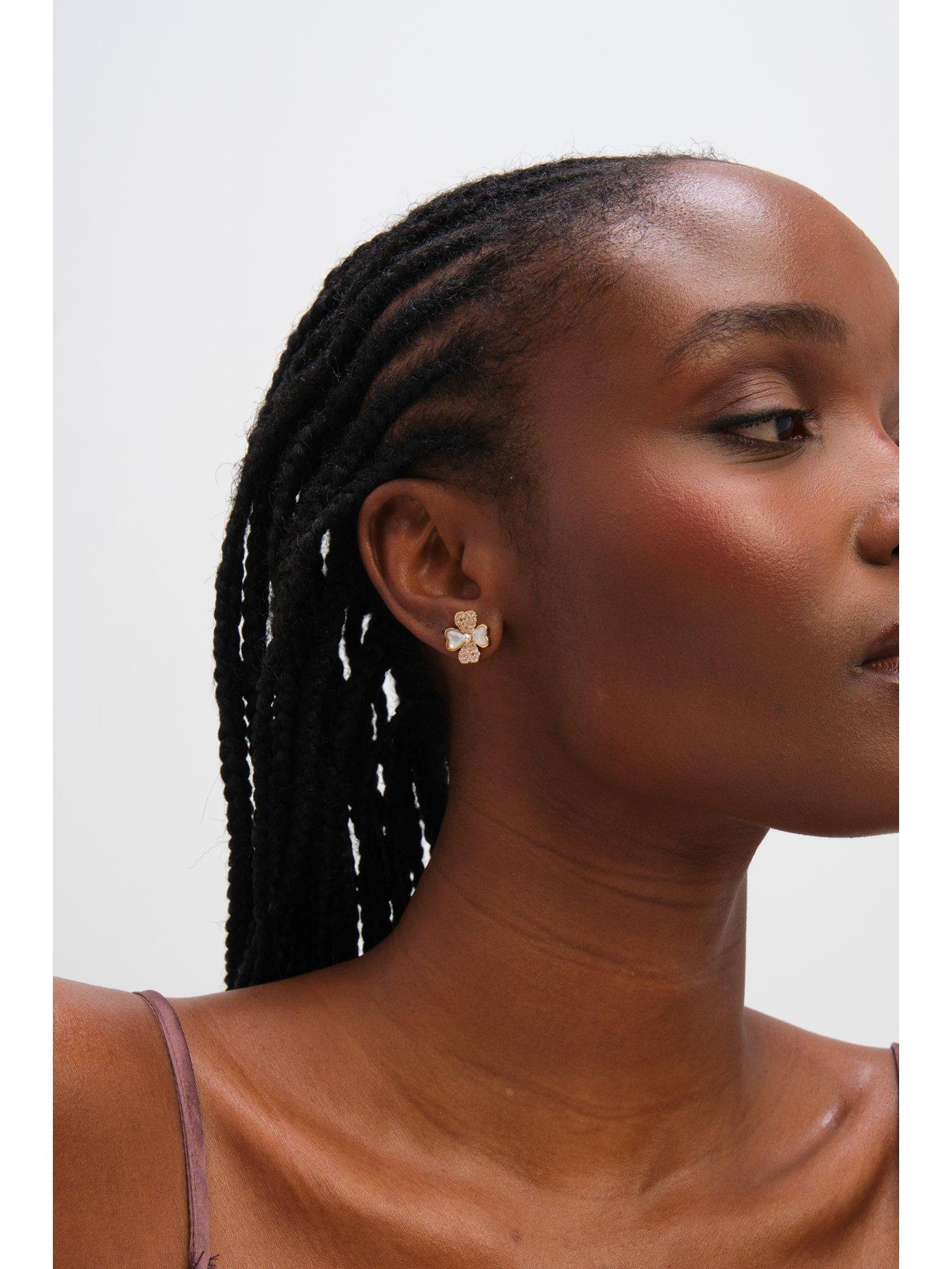 Image 2 of 3 of Inicio Gold Plated Mother of Pearl and Pave Clover Stud Earrings - Gift Pouch