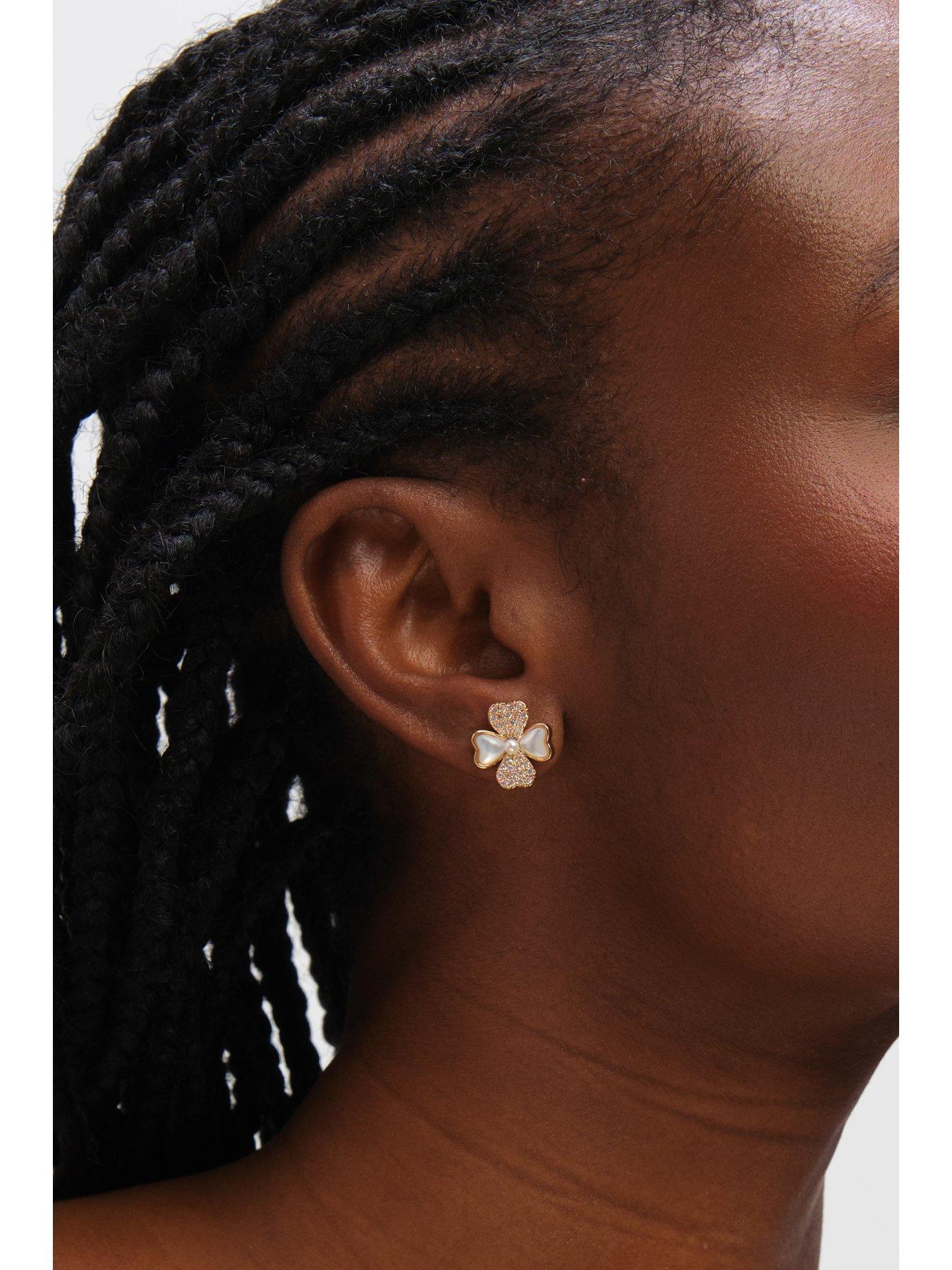 Image 3 of 3 of Inicio Gold Plated Mother of Pearl and Pave Clover Stud Earrings - Gift Pouch