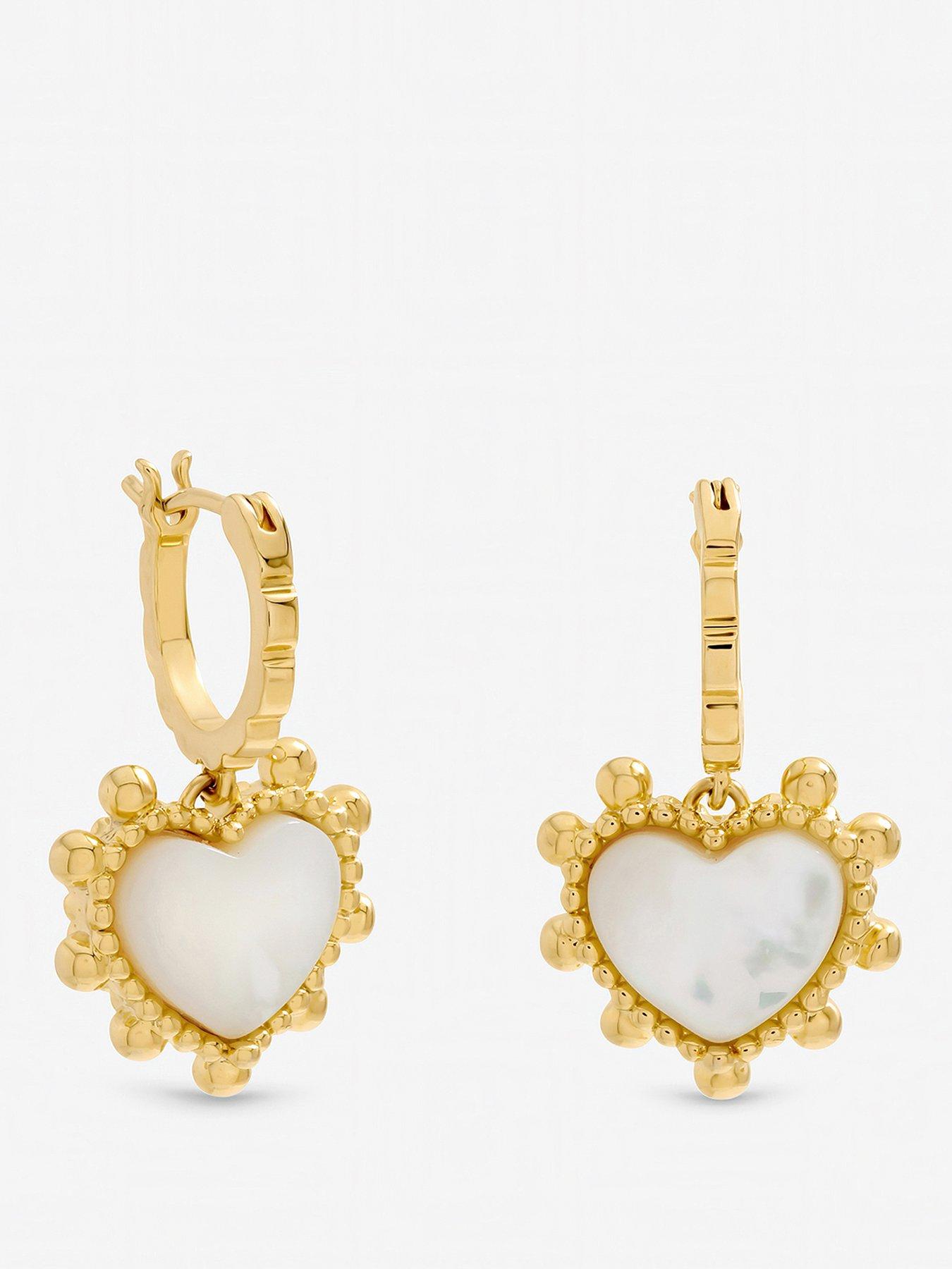 Inicio Gold Plated and Mother of Pearl Beaded Edge Heart Huggie Hoops - Gift Pouch