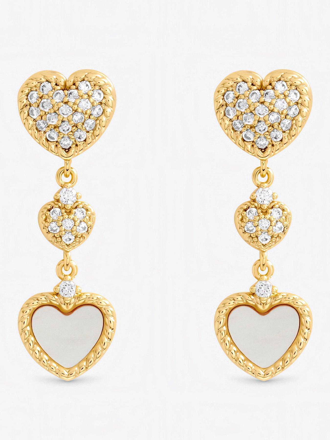 Inicio Gold Plated Mother of Pearl and Pave Heart Drop Earrings - Gift Pouch