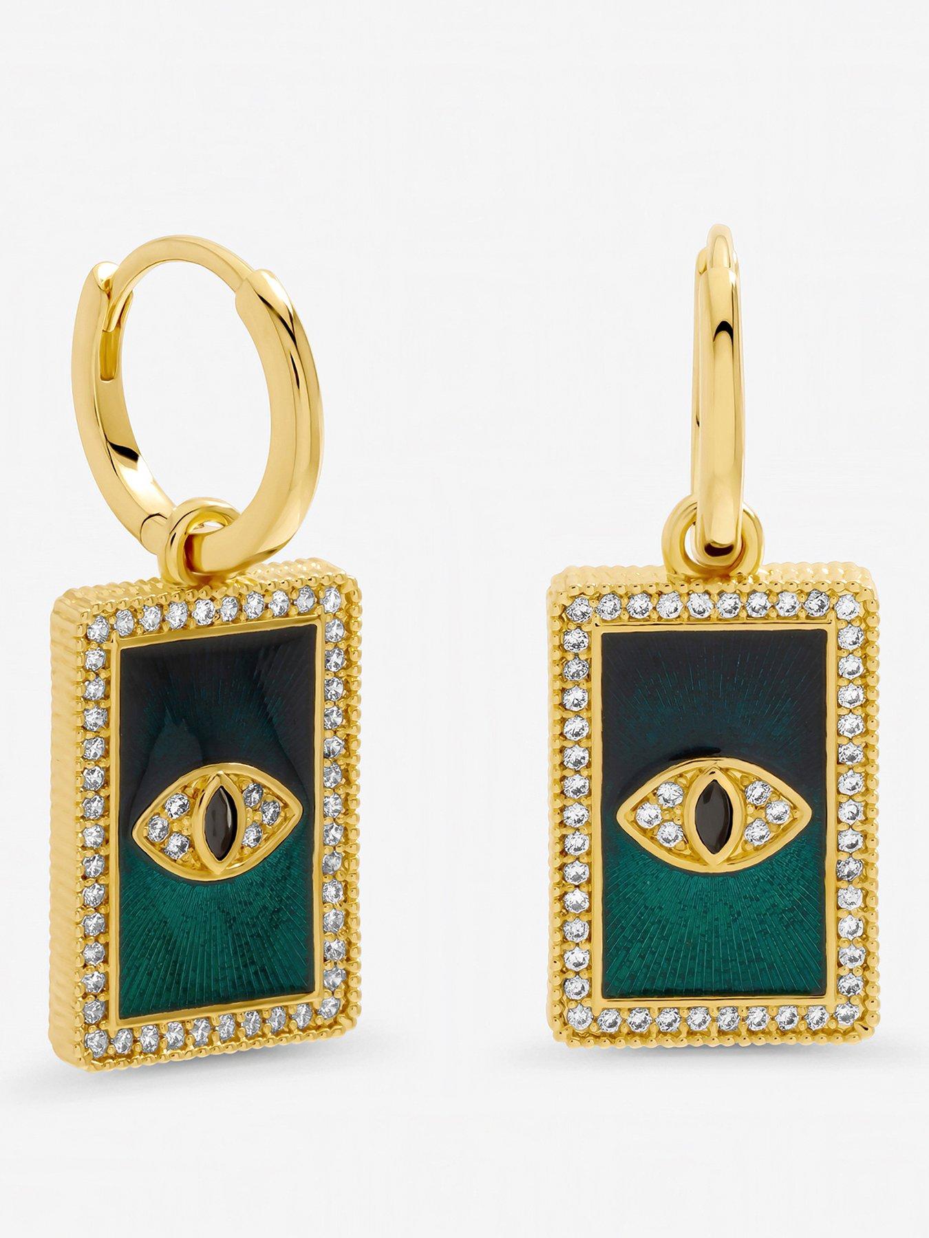 Inicio Gold Plated and Green Evil Eye Charm Huggie Earrings - Gift Pouch