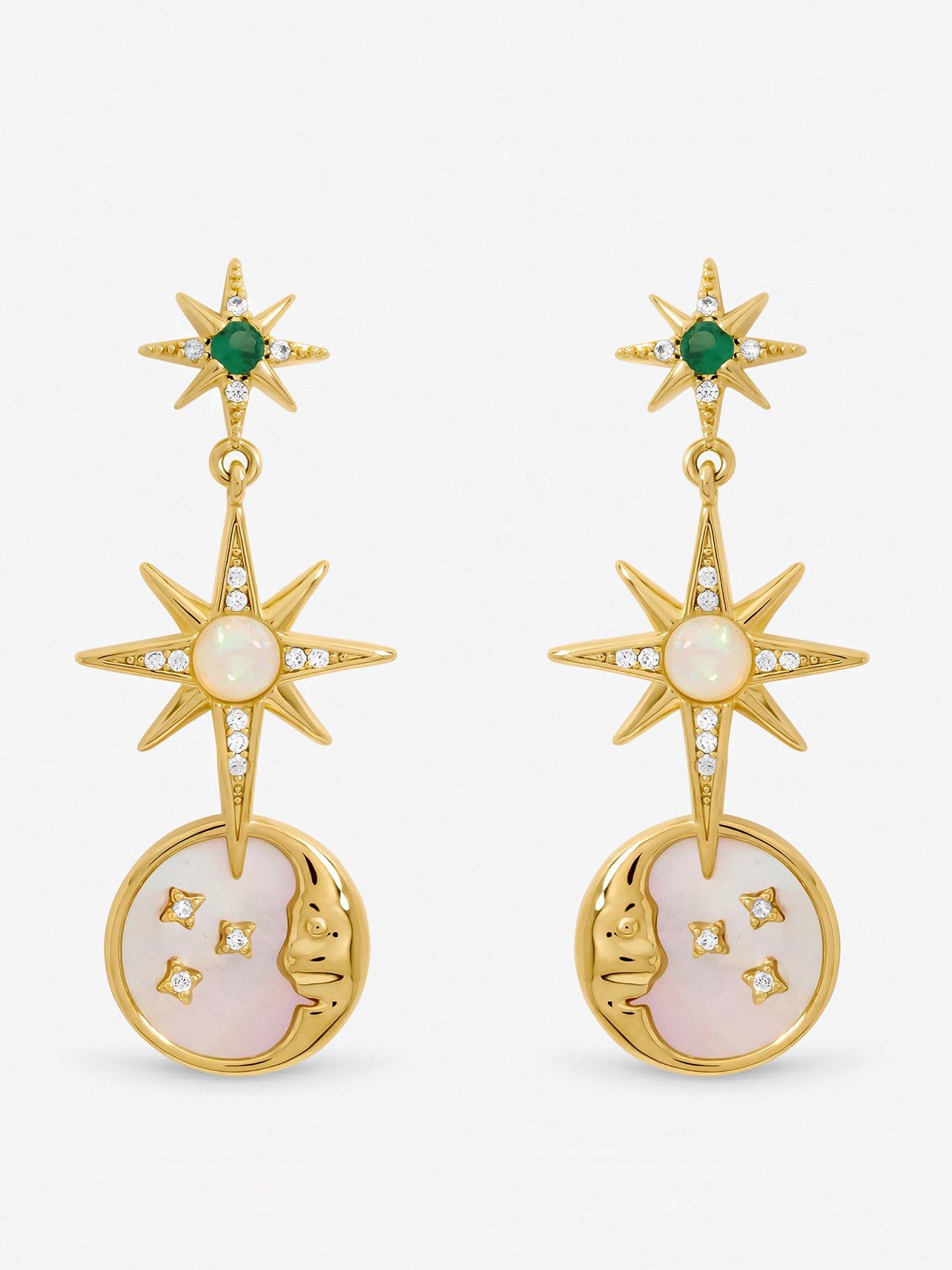 Inicio Gold Plated Emerald and Mother of Pearl Celestial Drop Earrings - Gift Pouch