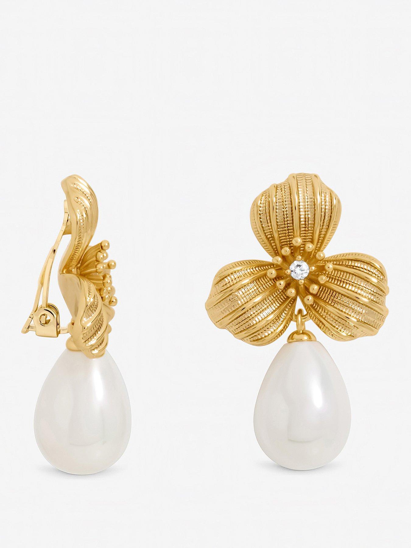 Jon Richard Textured Floral and Pearl Drop Clip Earrings