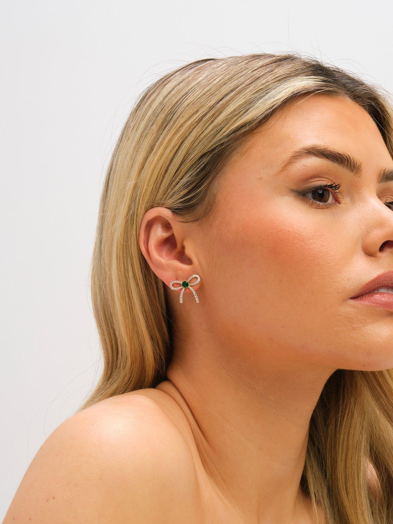 Image 3 of 3 of Jon Richard Gold Plated Crystal and Emerald Bow Stud Earrings