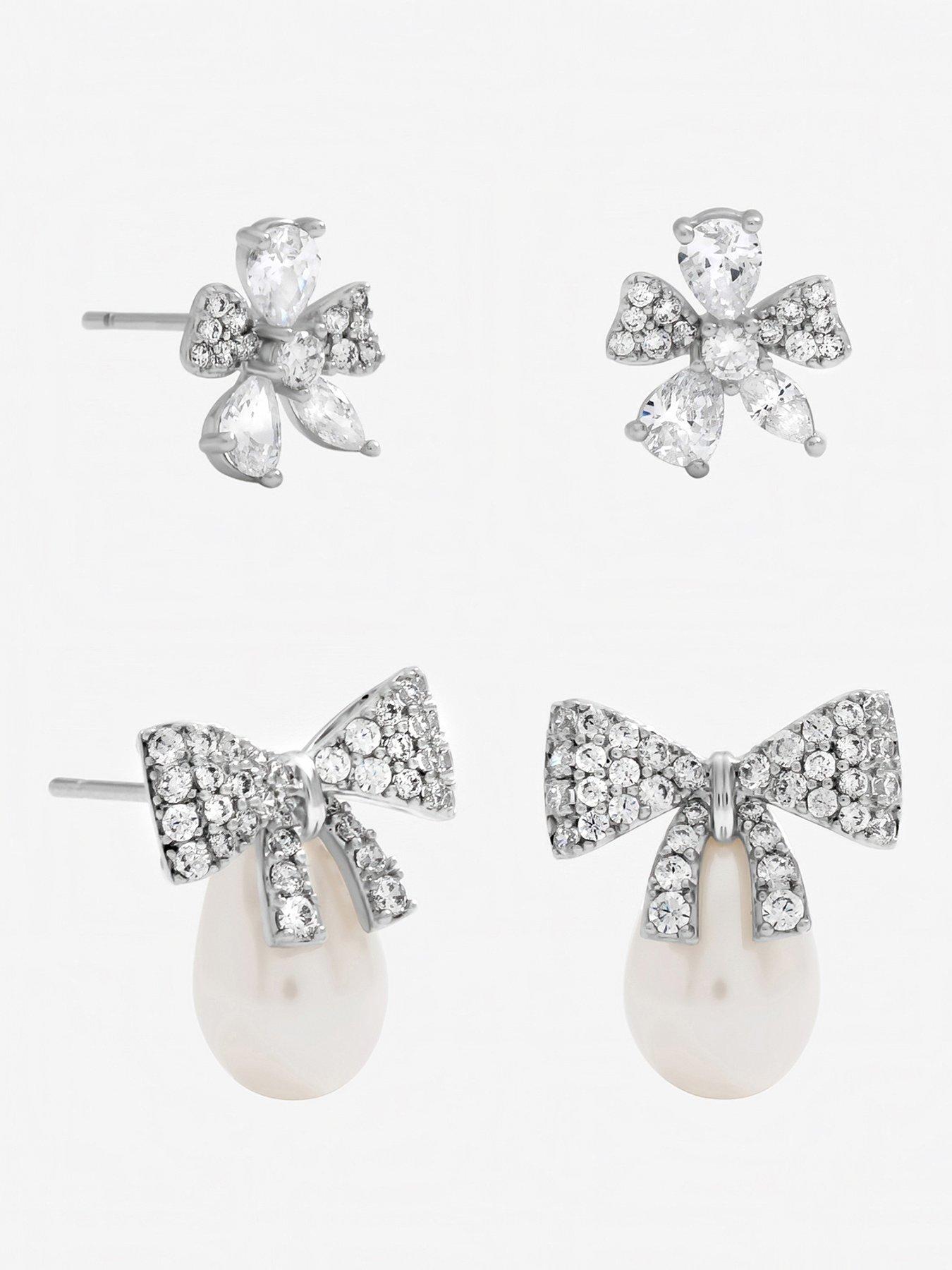 Jon Richard Rhodium Plated Pearl and Pave Bow Earrings - Pack of 2