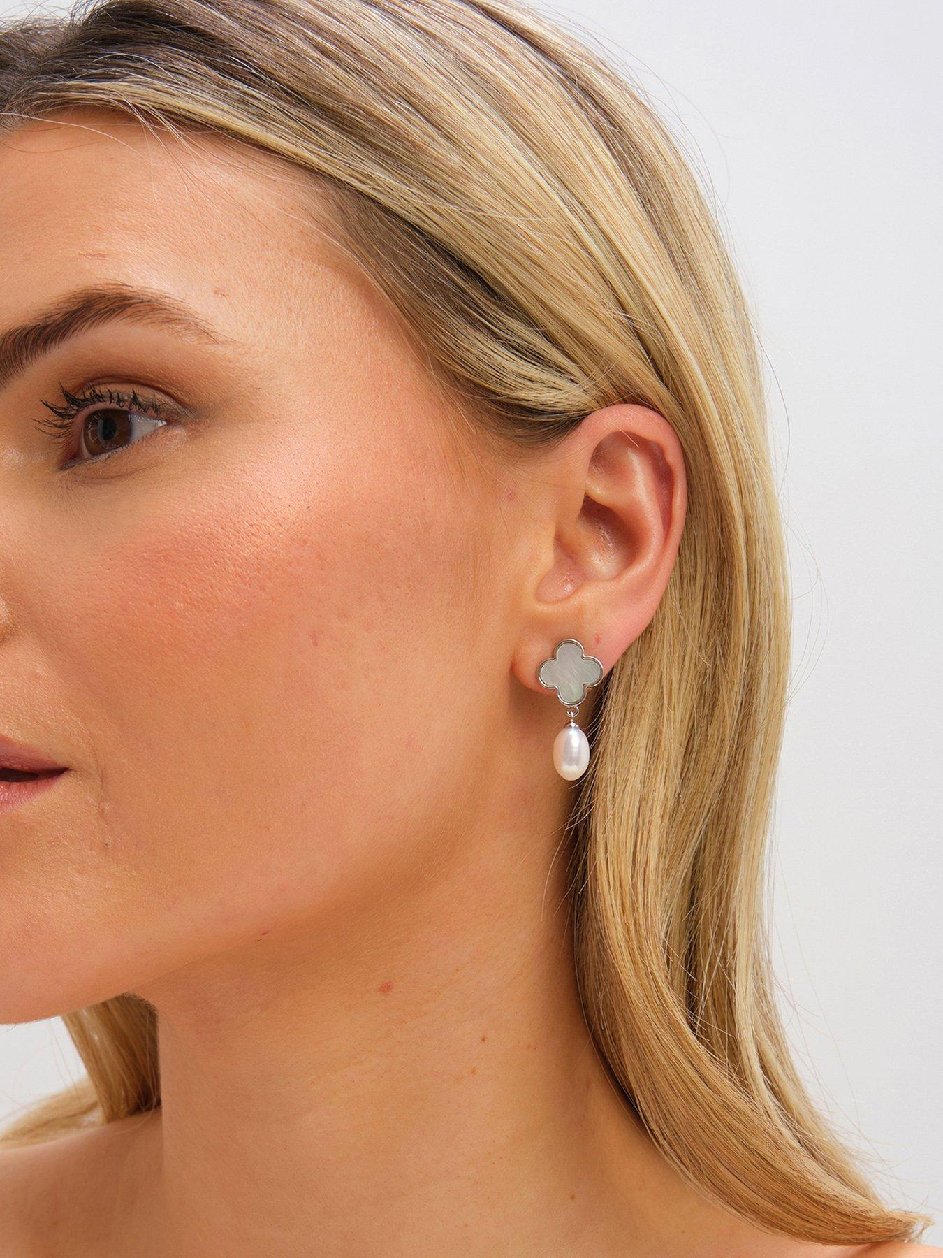 Jon Richard Rhodium Plated Pearl and Mother of Pearl Clover Drop Earrings