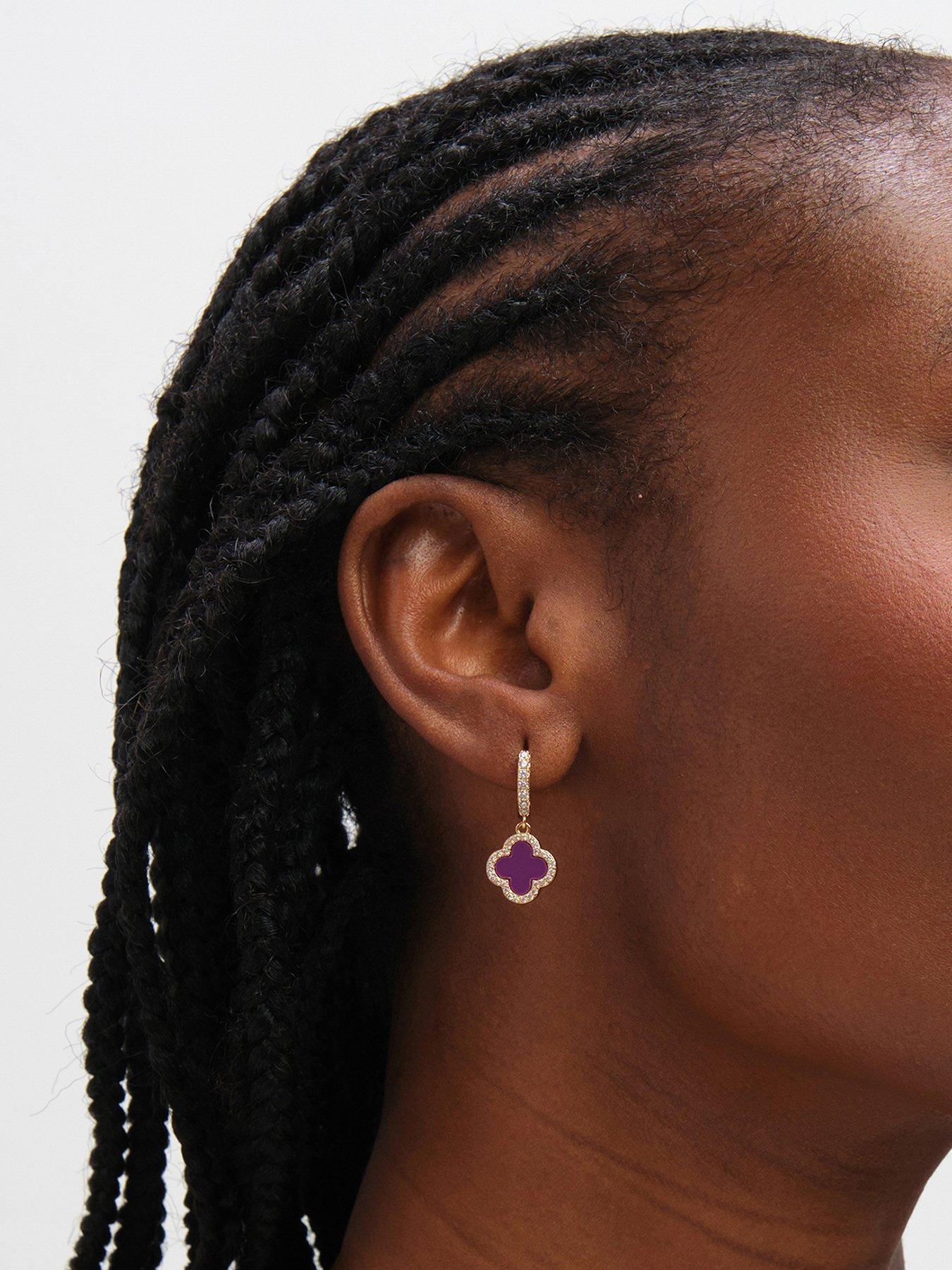Image 1 of 2 of Jon Richard Gold Plated and Purple Clover Huggie Earrings