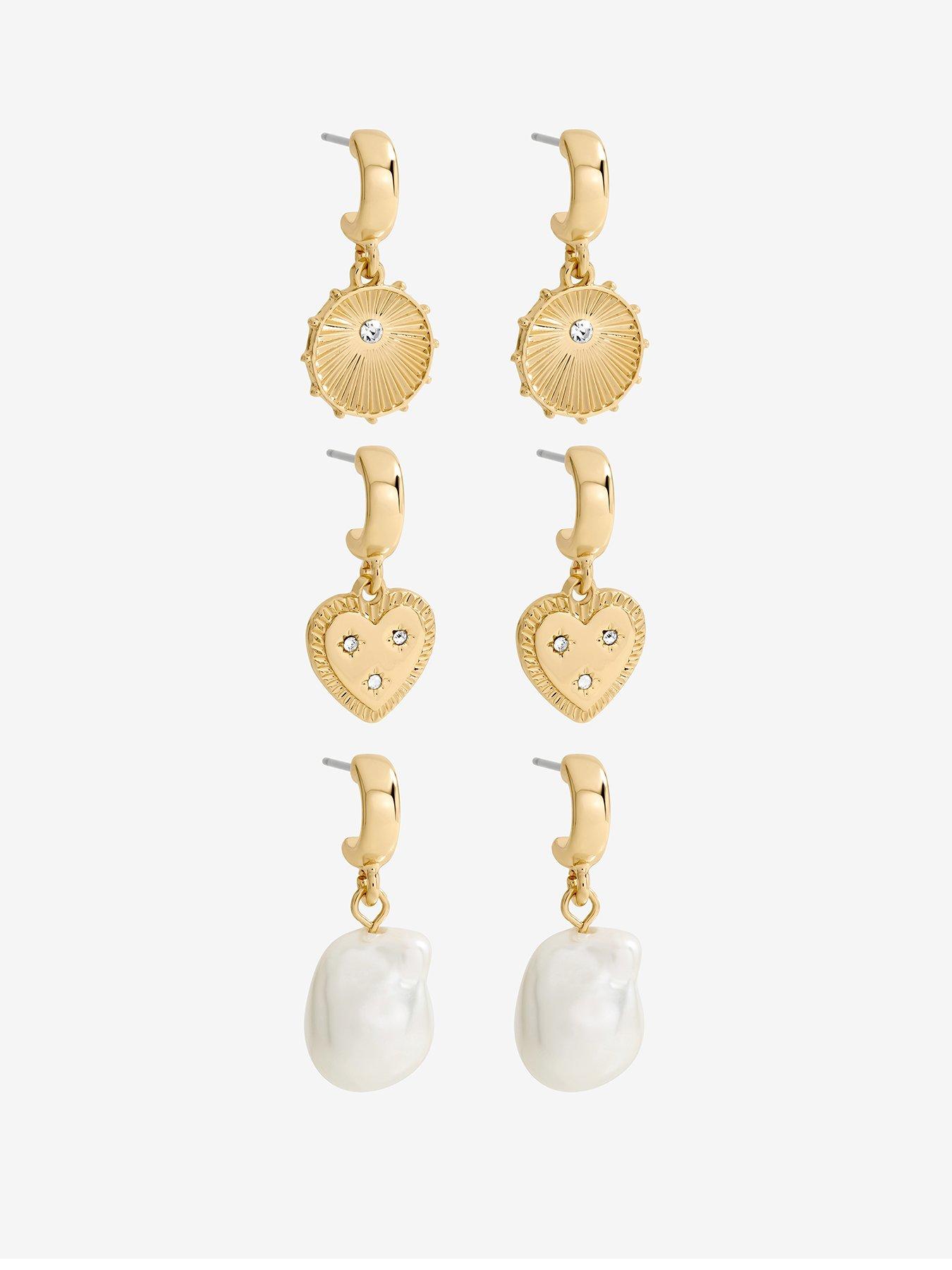 Mood Gold Plated Charm Pearl Earrings - Pack of 3