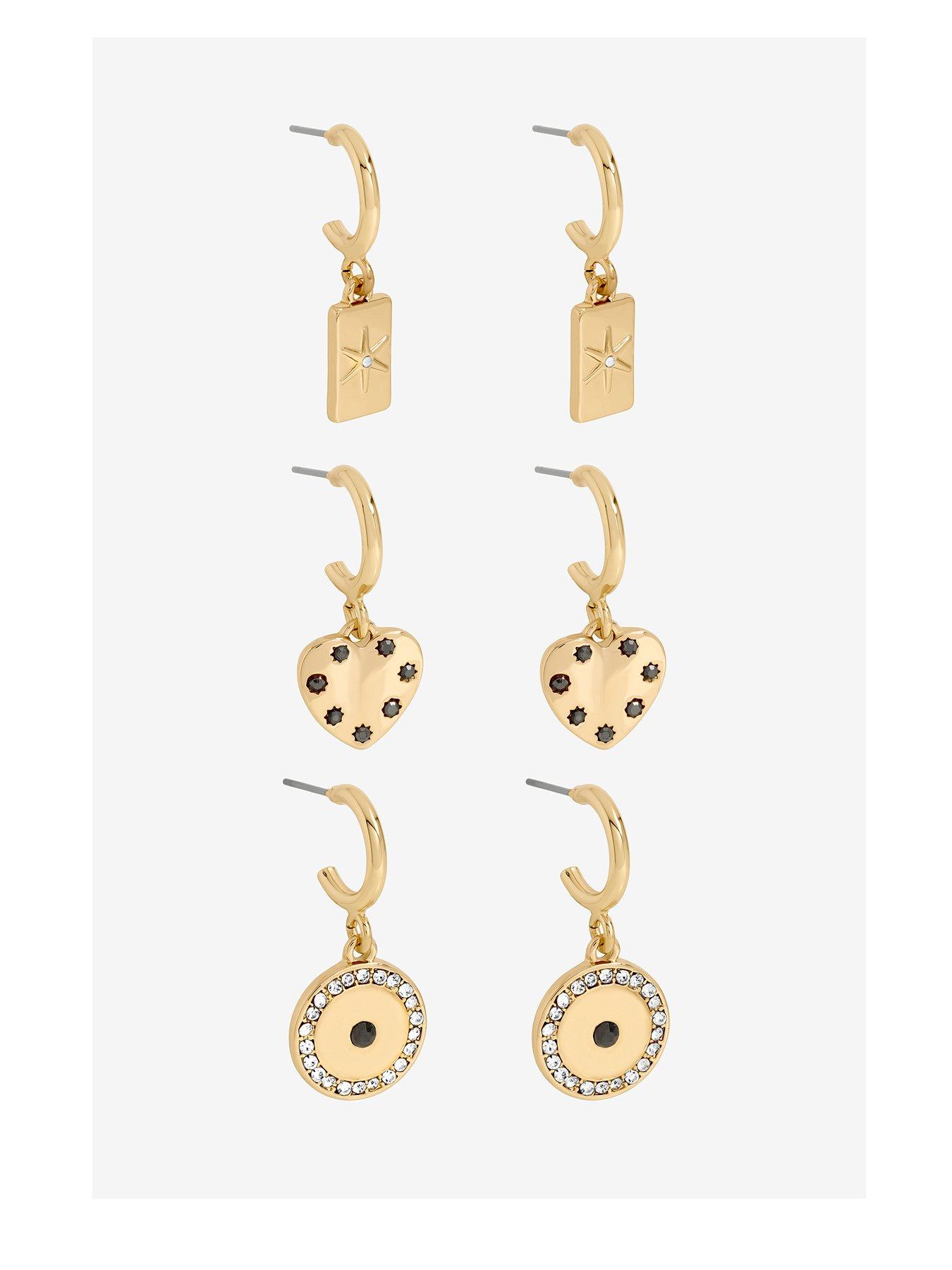 Mood Mood Gold Plated Heart Charm Earrings - Pack of 3