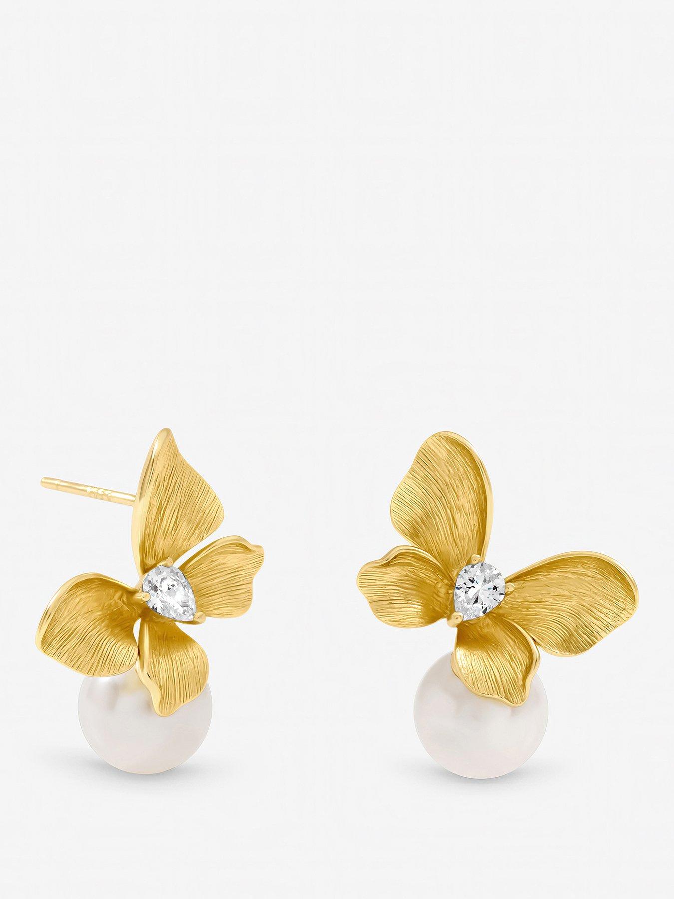 Jon Richard Gold Plated Satin Butterfly and Pearl Drop Earrings