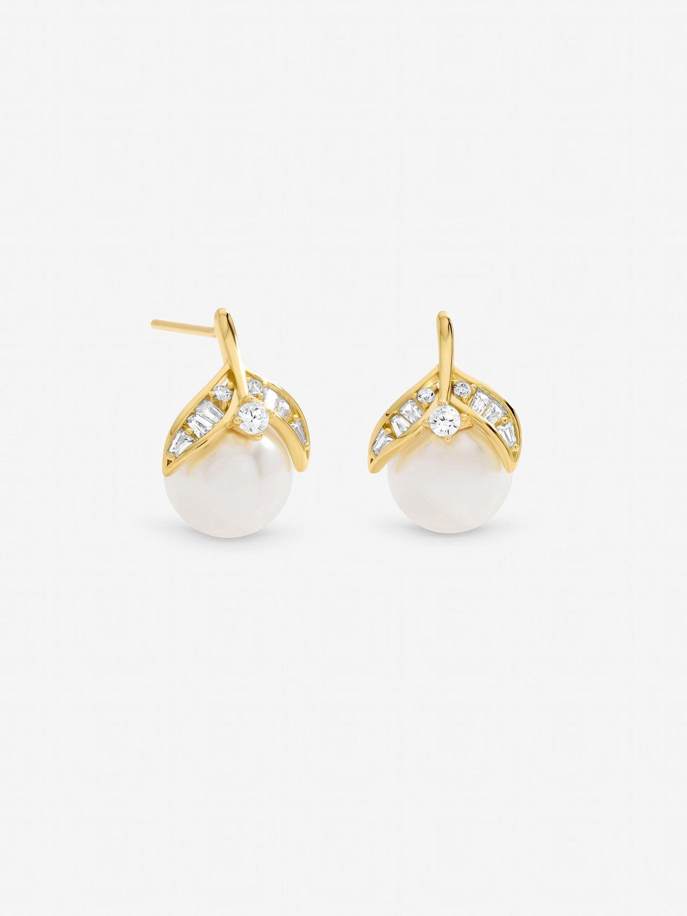 Image 2 of 3 of Jon Richard Gold Plated Crystal and Pearl Leaf Stud Earrings
