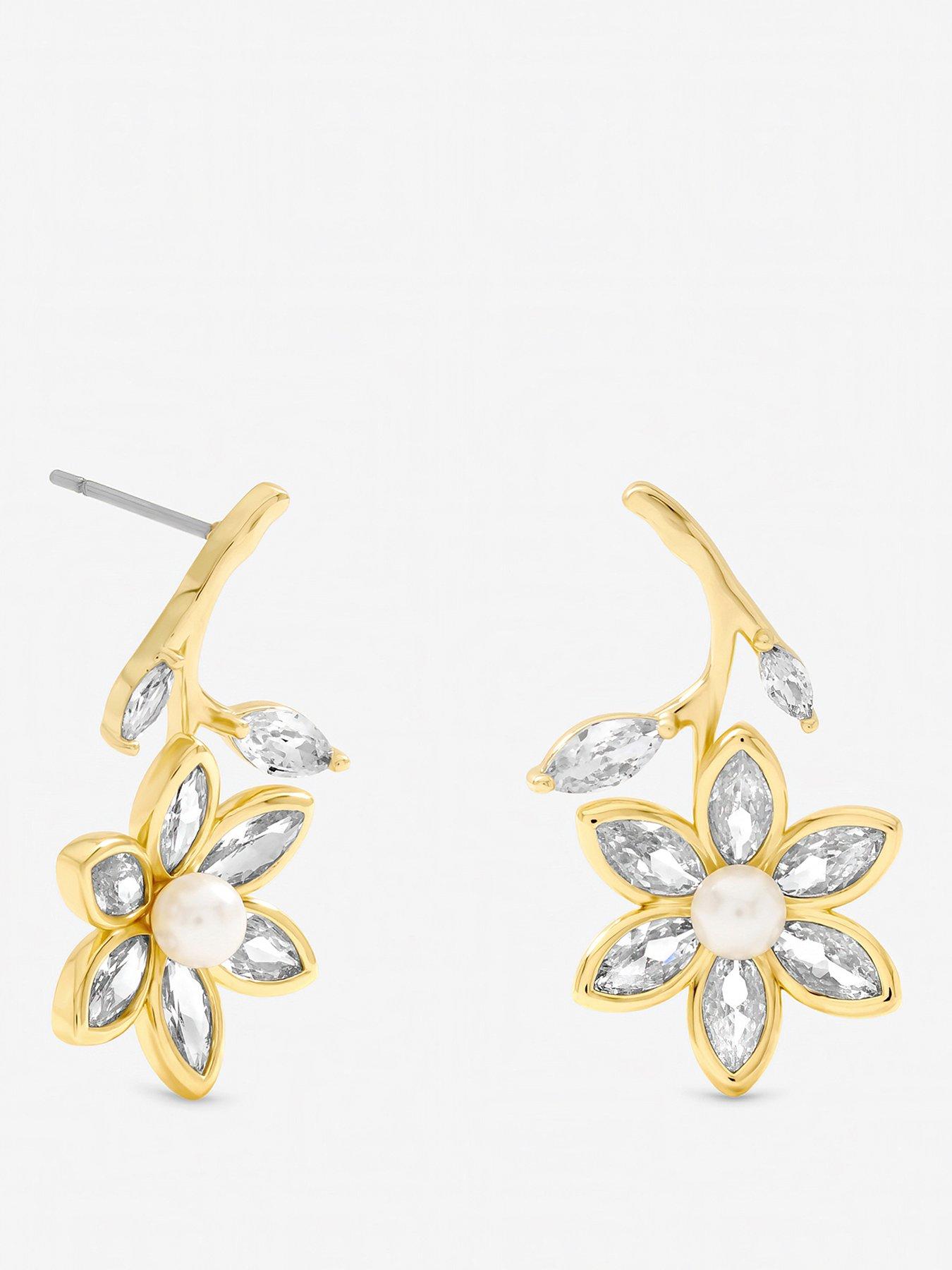 Jon Richard Gold Plated Crystal and Pearl Flower Drop Earrings