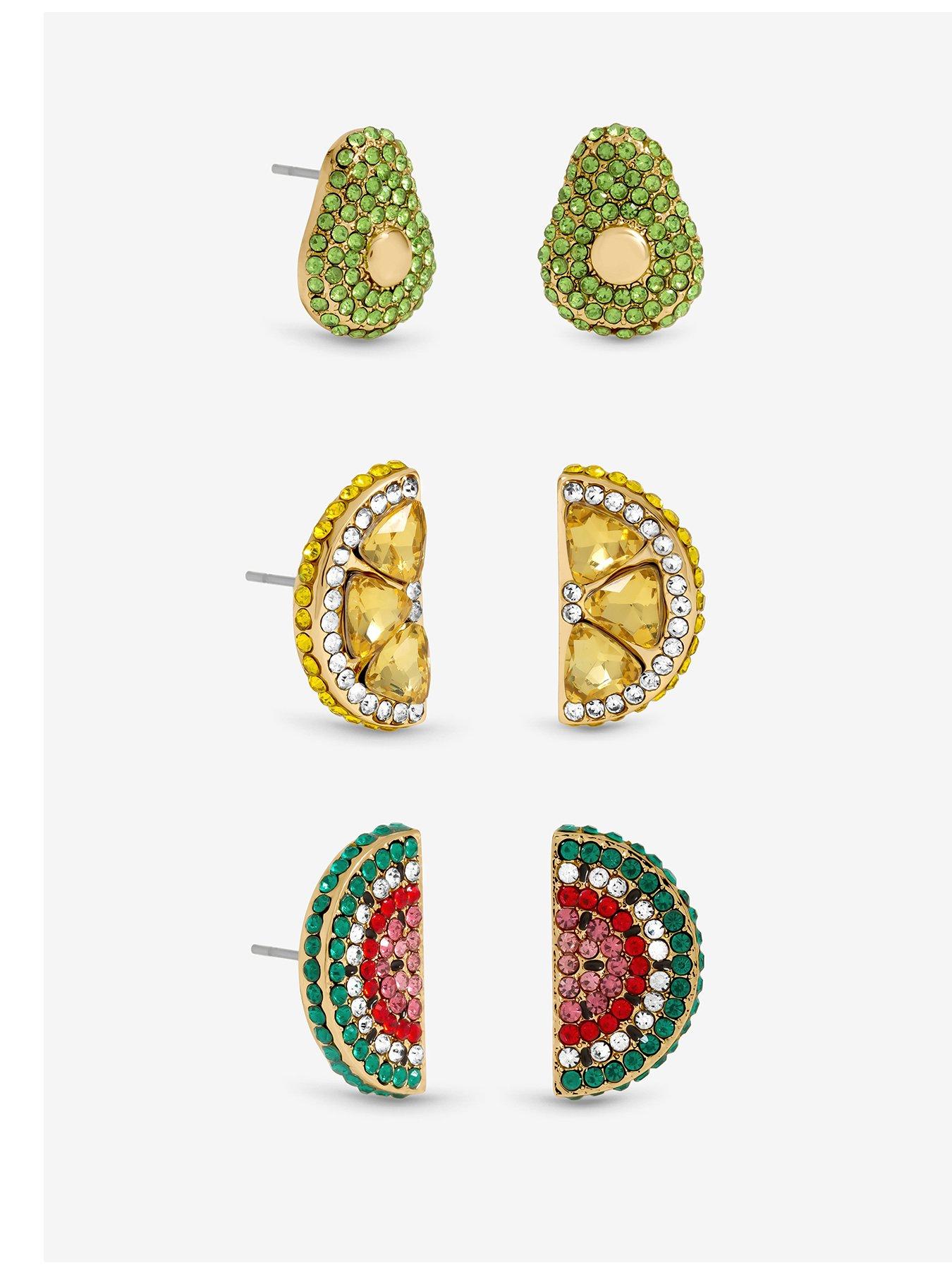 Mood Mood Gold Plated and Crystal Fruit Earrings - Pack of 3