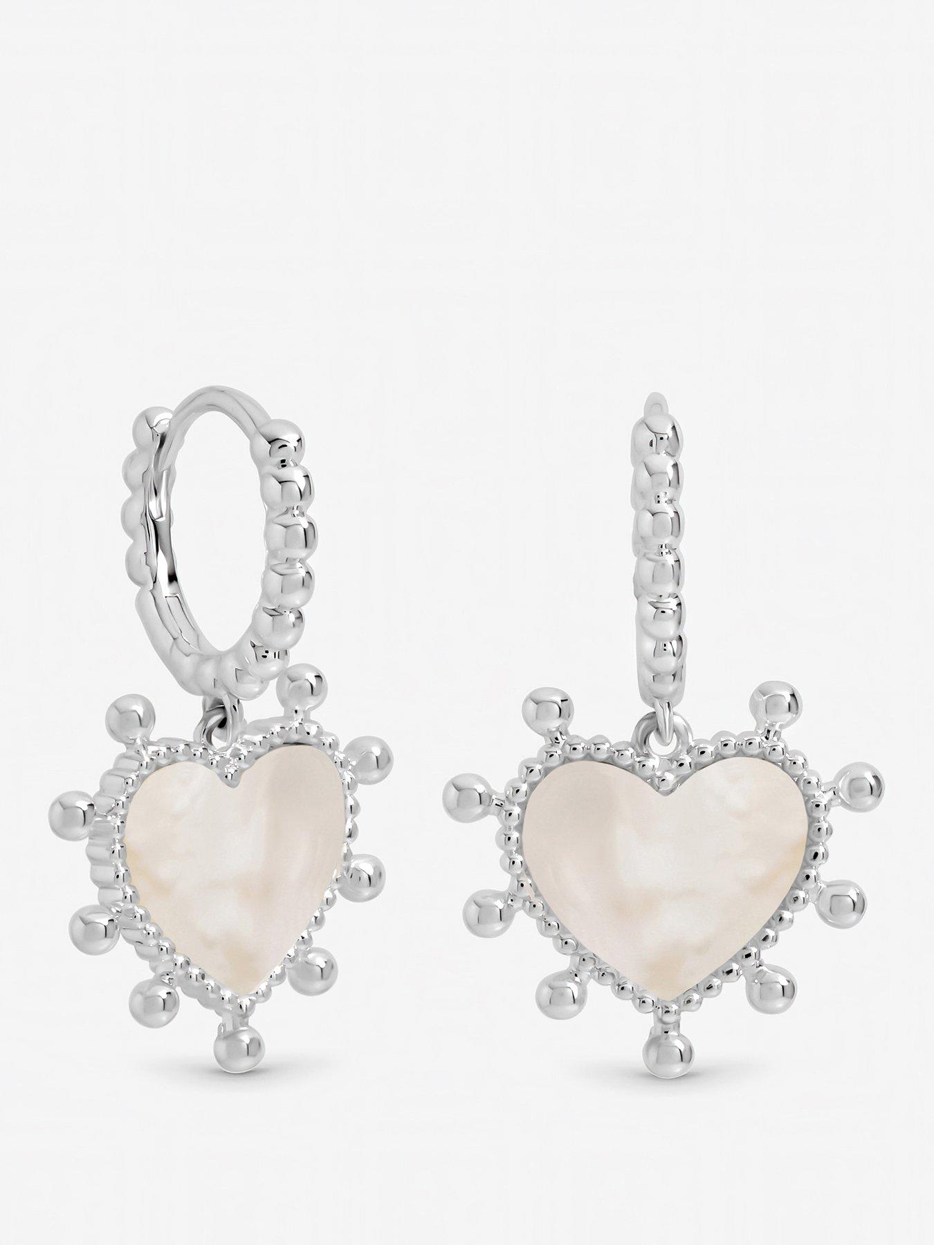 Image 1 of 1 of Inicio Sterling Silver Mother of Pearl Heart Charm Hoop Earrings