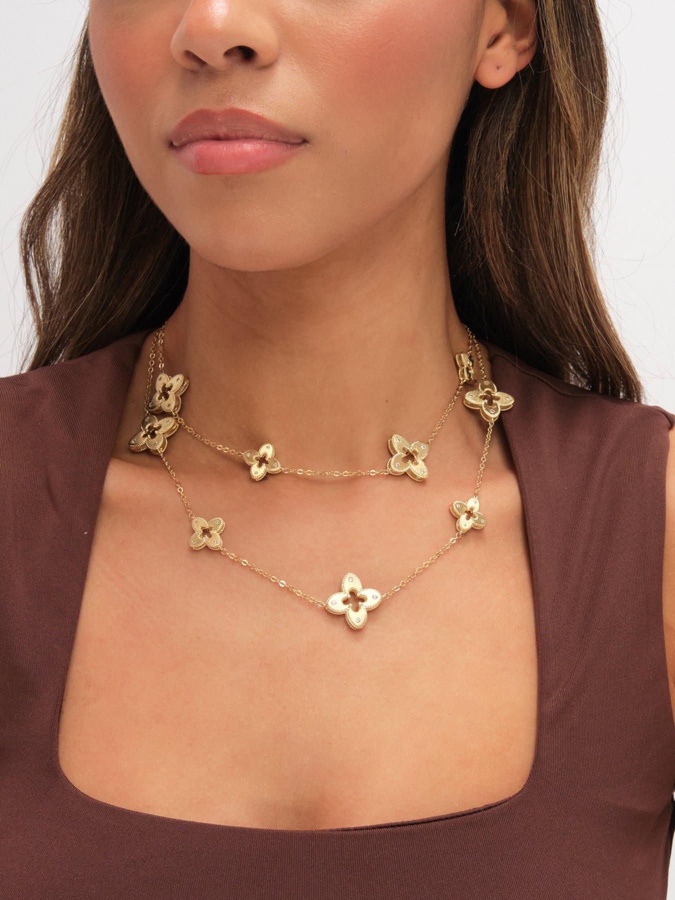 Jon Richard Gold Plated Textured Crystal Clover Long Necklace