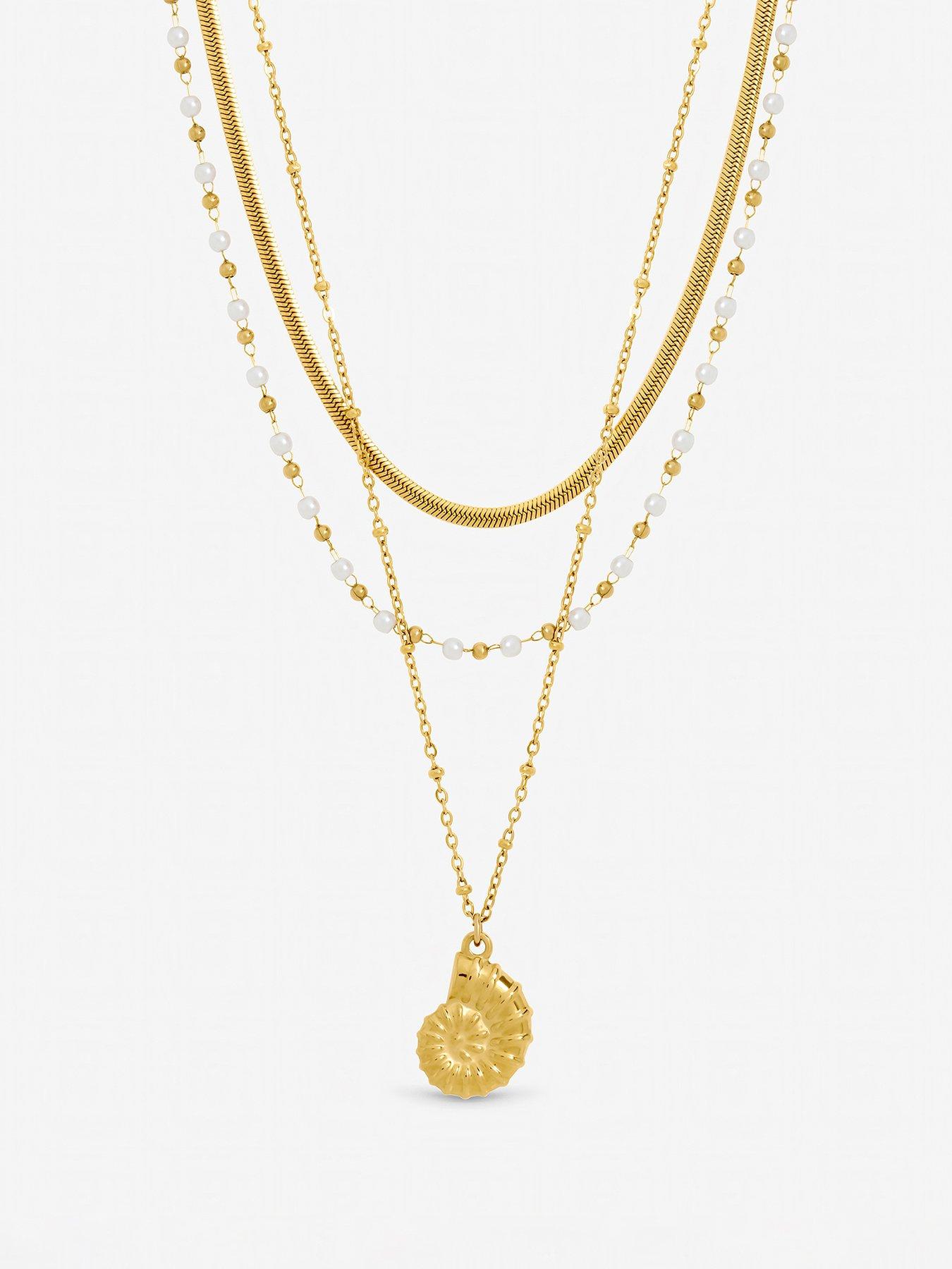 Jon Richard Gold Plated Waterproof Shell and Pearl Triple Row Necklace