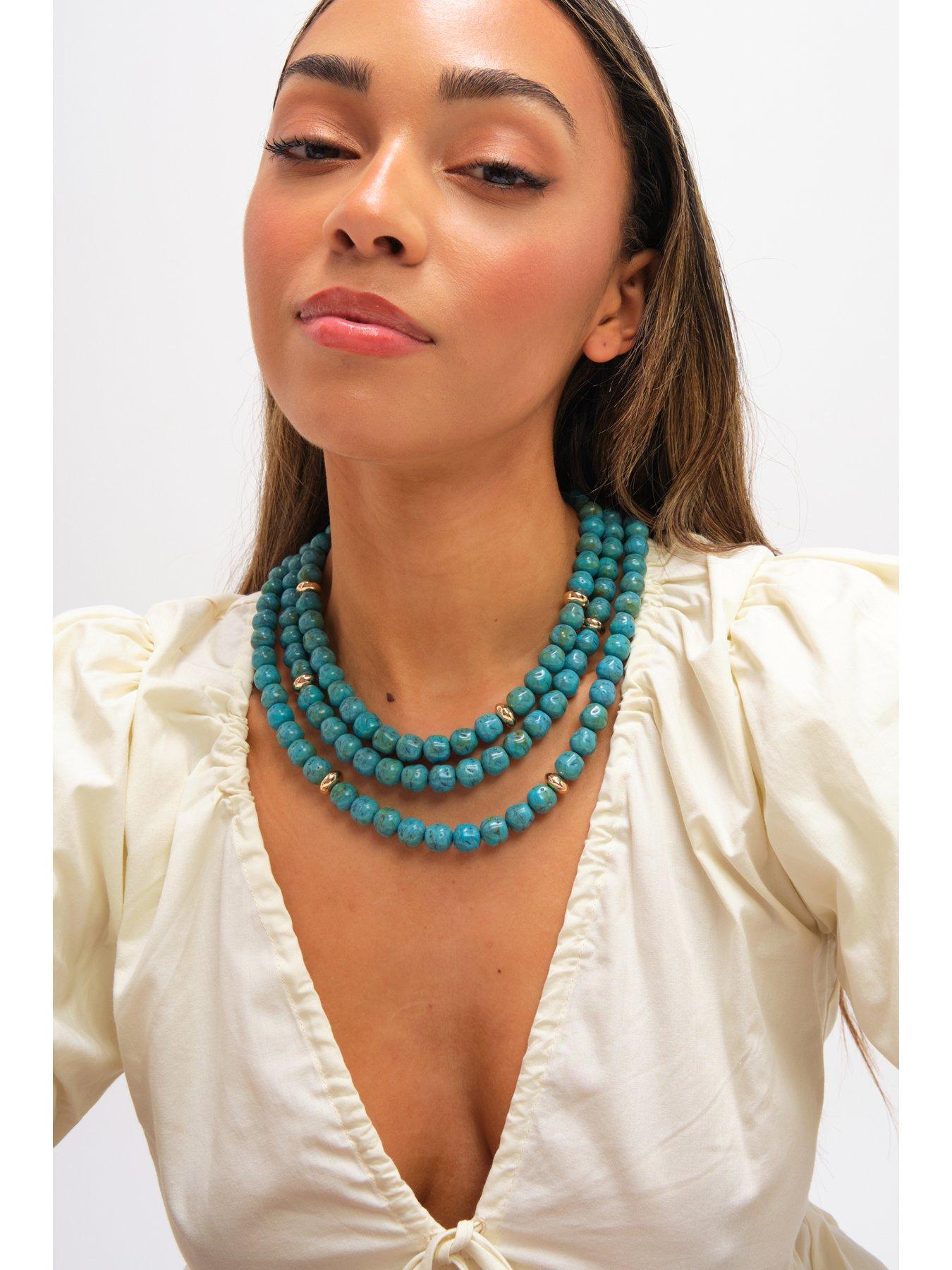 Image 3 of 3 of Mood Gold Plated and Turquoise Bead Statement Multirow Necklace