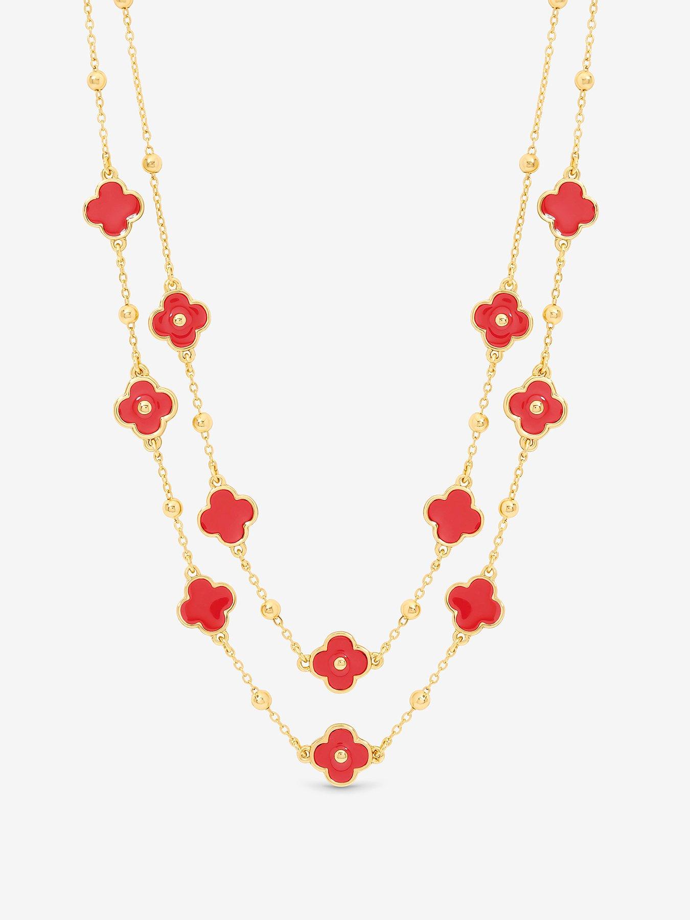 Mood Gold Plated and Coral Clover Double Row Necklace