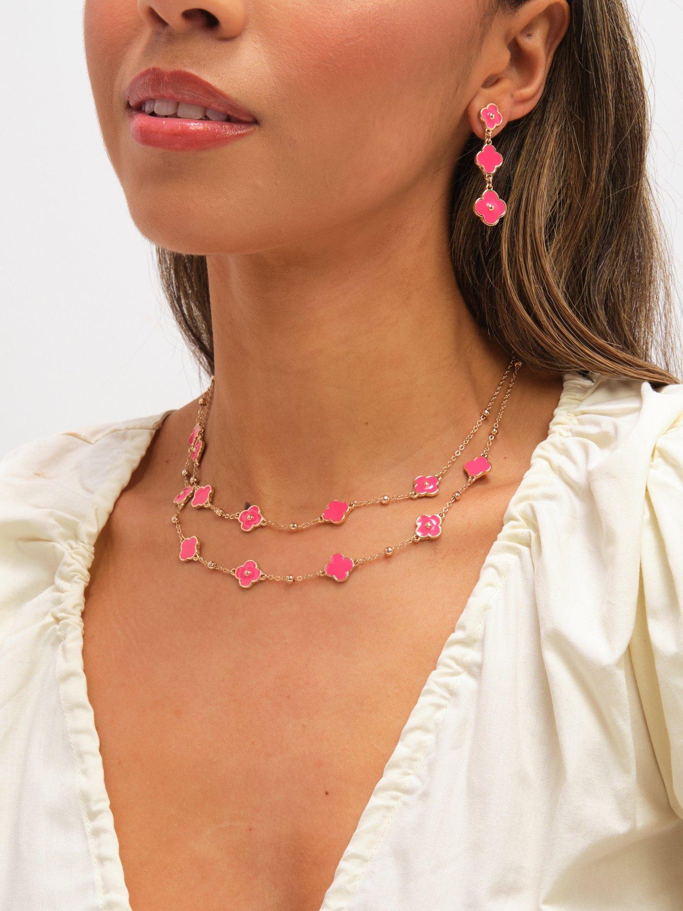 Image 2 of 3 of Mood Gold Plated and Coral Clover Double Row Necklace