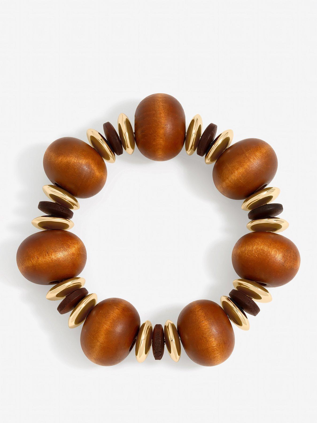 Mood Gold Plated and Wood Orb Stretch Bracelet