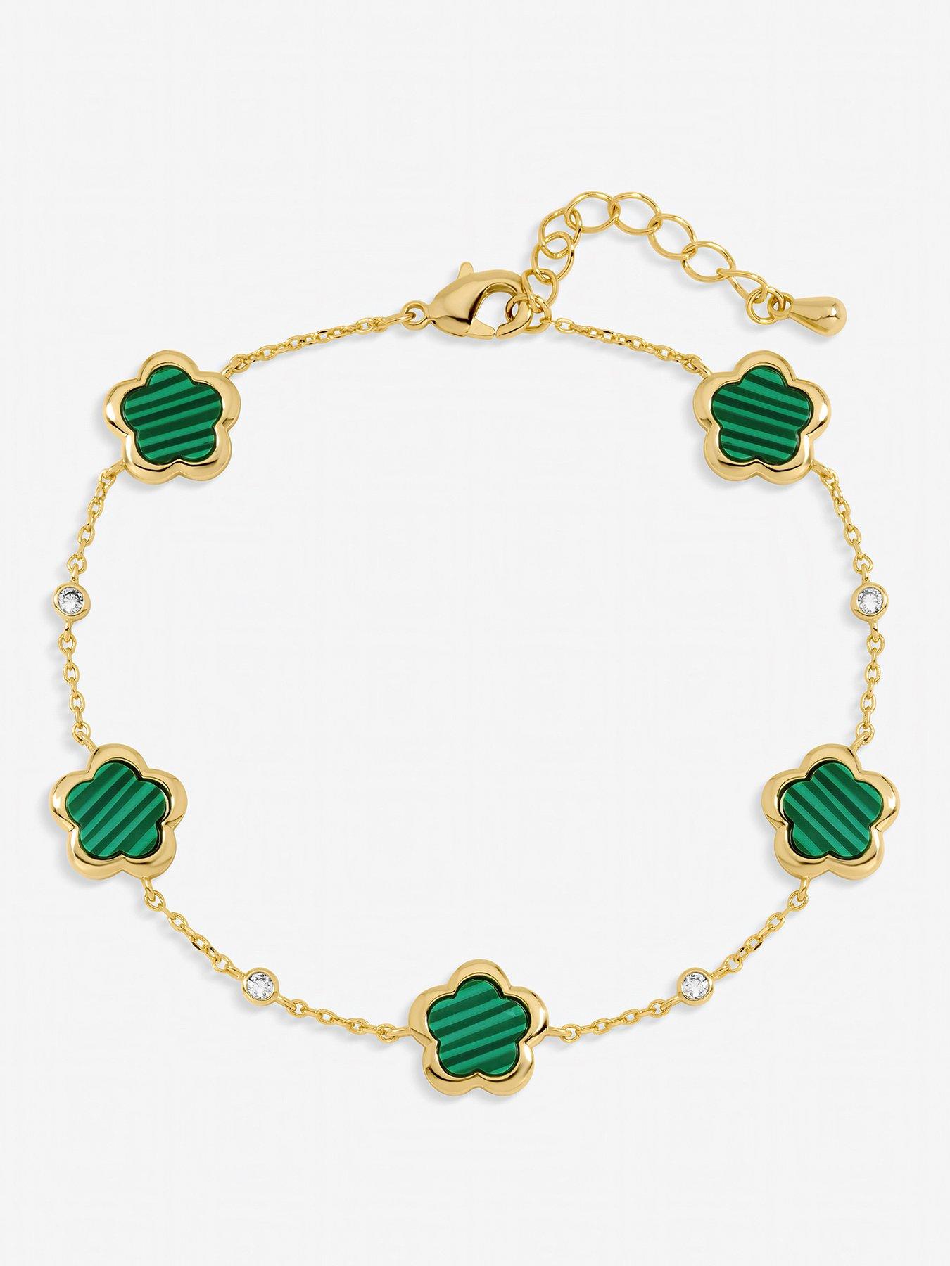 Image 1 of 3 of Inicio Gold Plated and Malachite Flower Station Bracelet - Gift Pouch