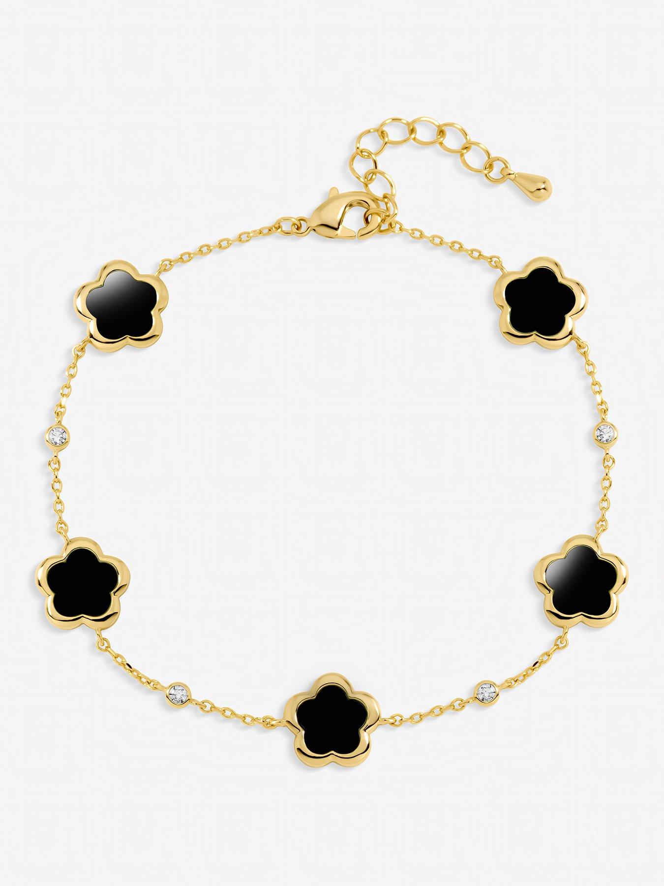 Inicio Gold Plated and Jet Flower Station Bracelet - Gift Pouch