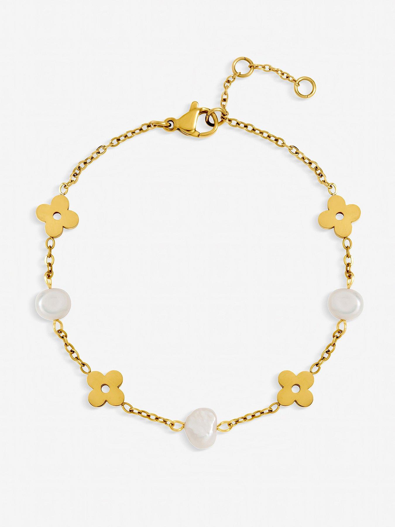 Jon Richard Gold Plated Waterproof Pearl and Floral Station Bracelet