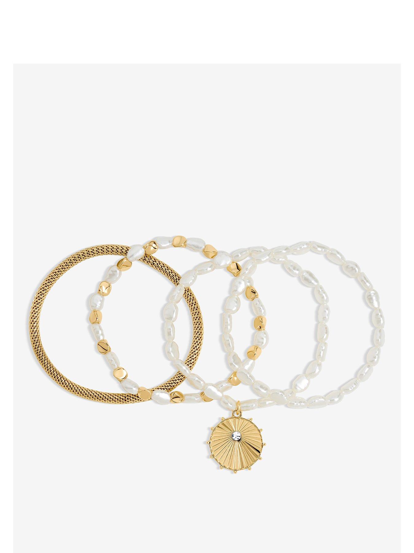 Mood Gold Plated Pearl Charm Stretch Bracelet - Pack of 4